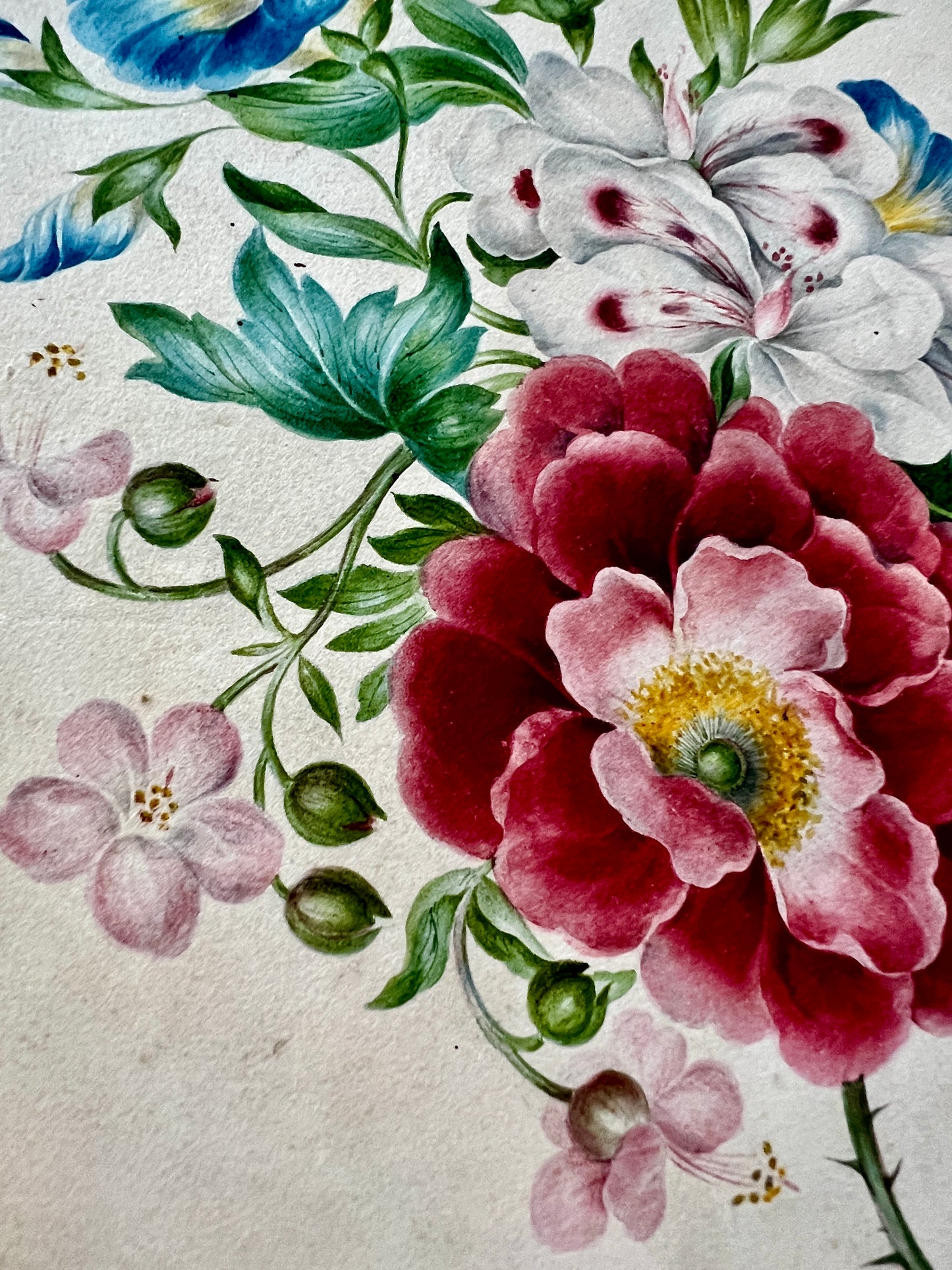 19th Century Intricate Floral Watercolor Painting in Gold Frame