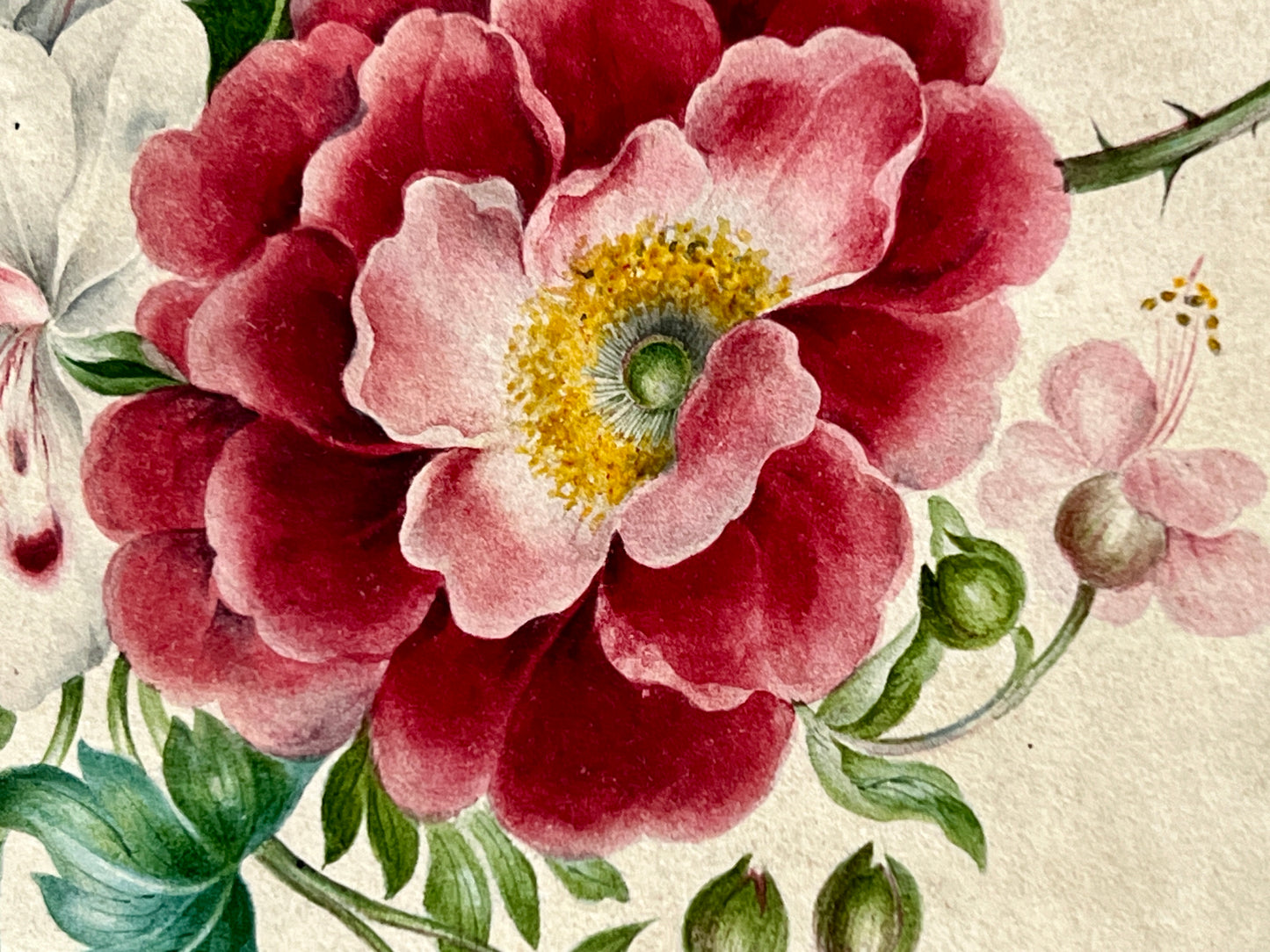 19th Century Intricate Floral Watercolor Painting in Gold Frame