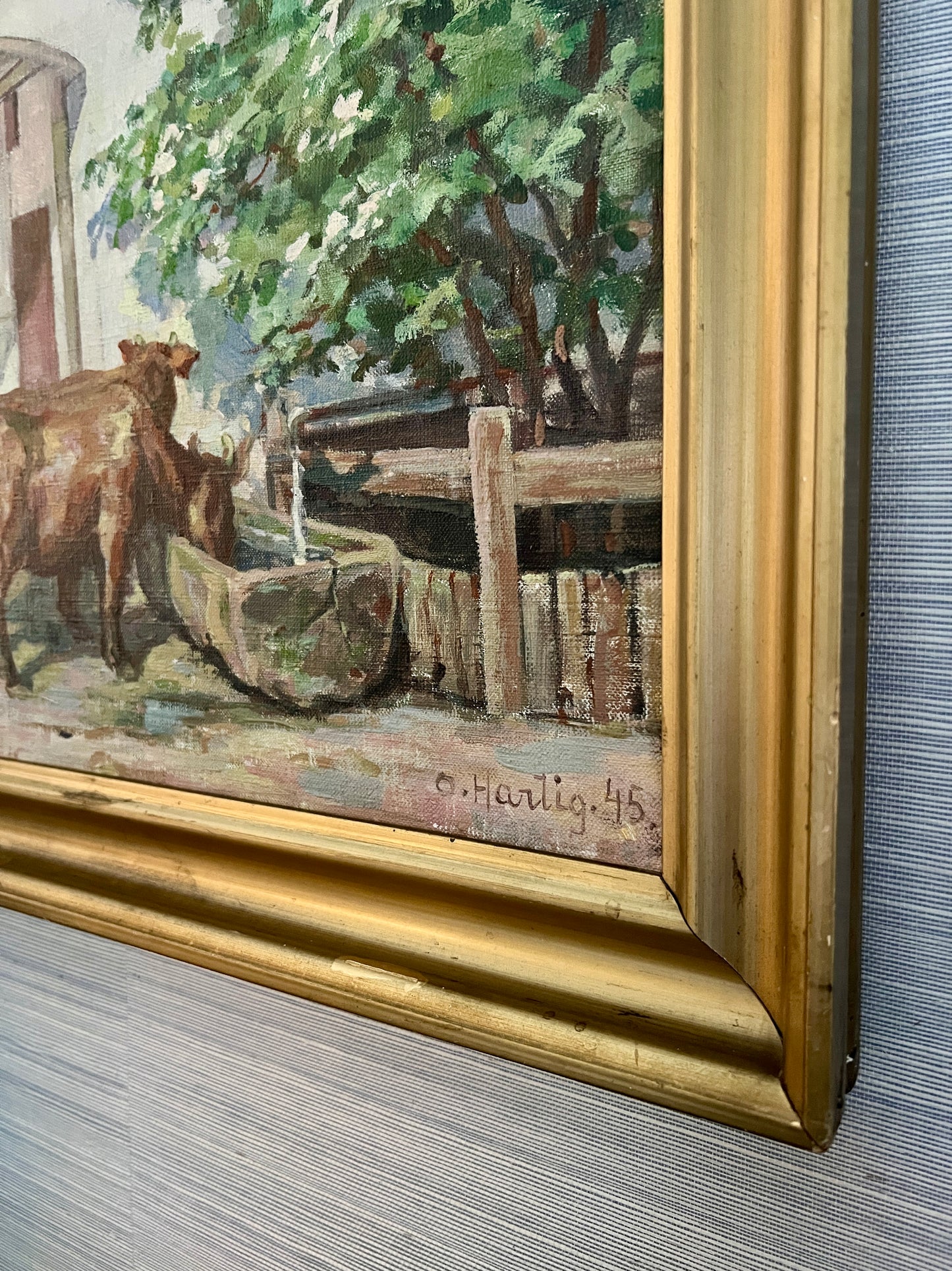 1945 Osvald Antonius Hartig Cows at Stone Barn Oil Painting in Gold Frame