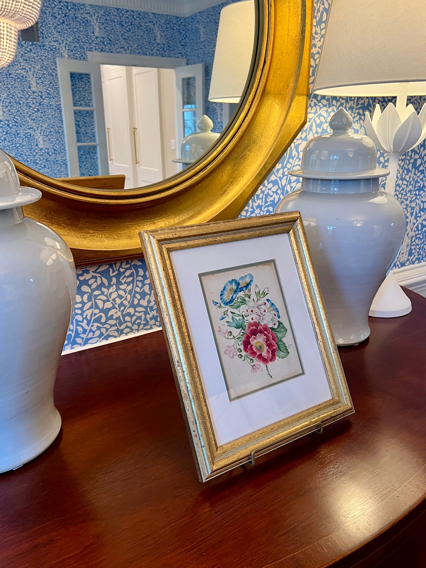 19th Century Intricate Floral Watercolor Painting in Gold Frame