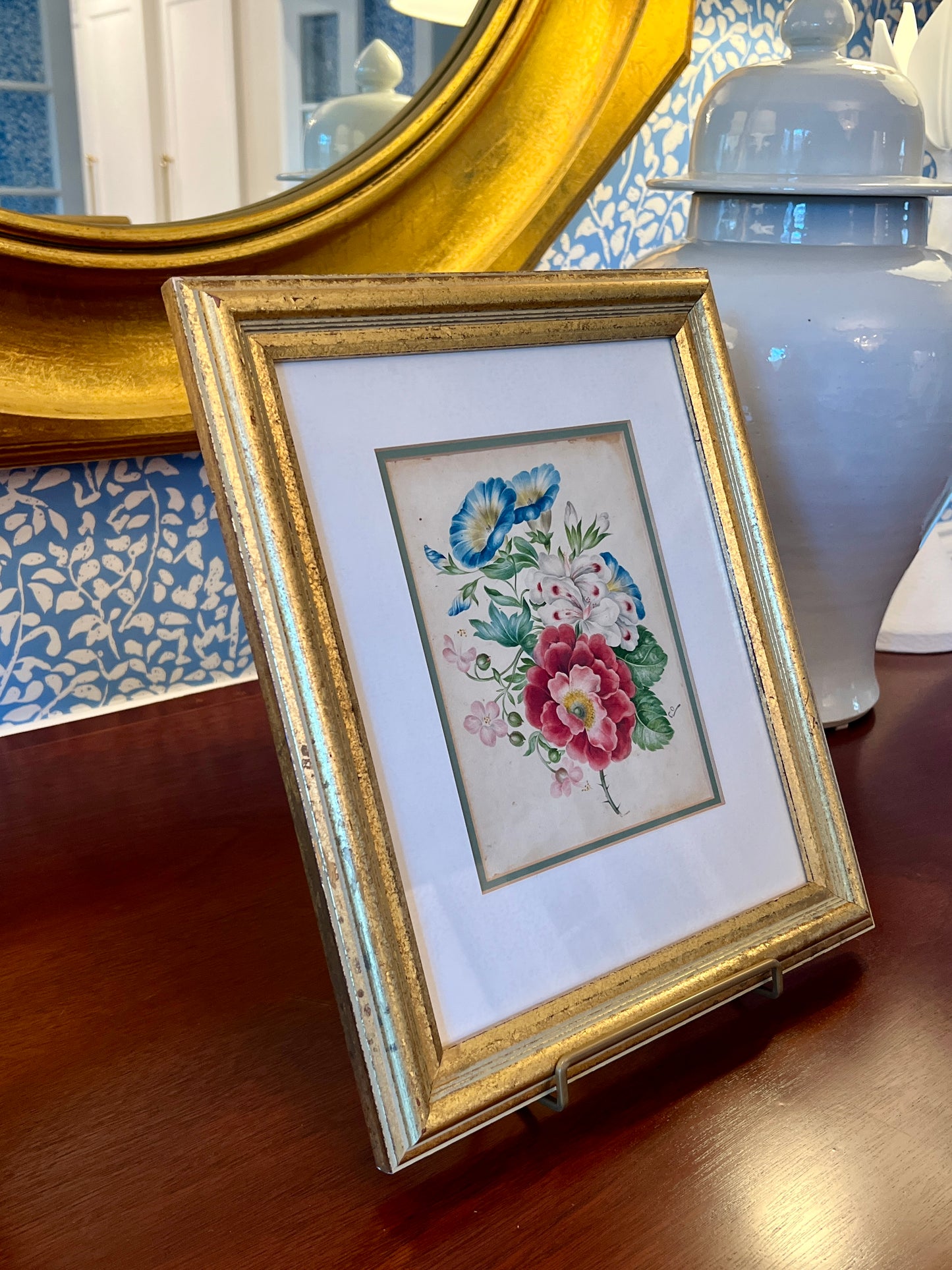 19th Century Intricate Floral Watercolor Painting in Gold Frame