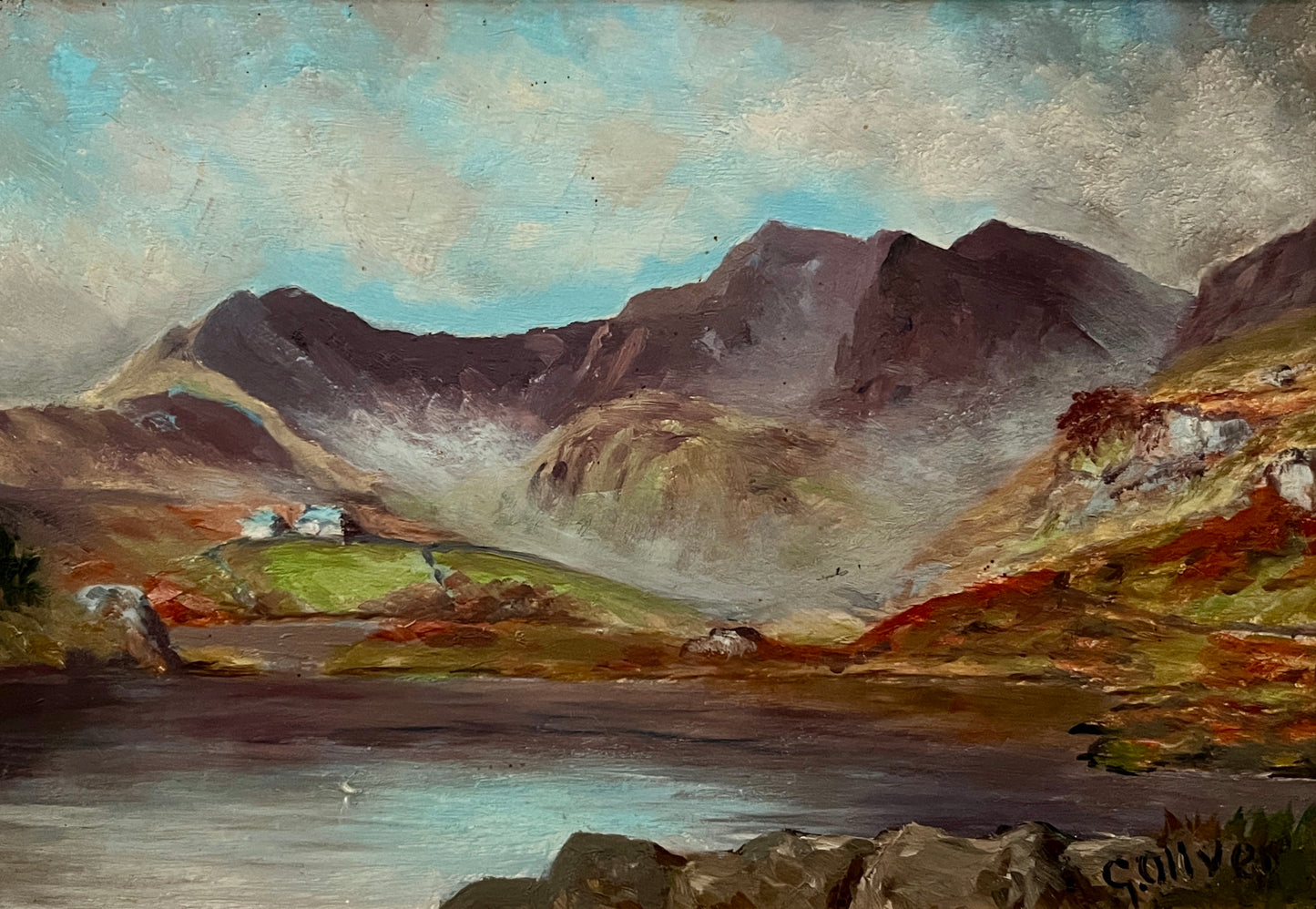 Vintage Mountain Lake Landscape Oil Painting in Gold Frame