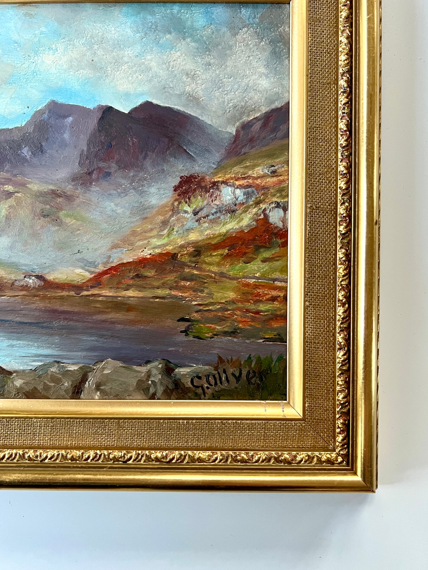 Vintage Mountain Lake Landscape Oil Painting in Gold Frame