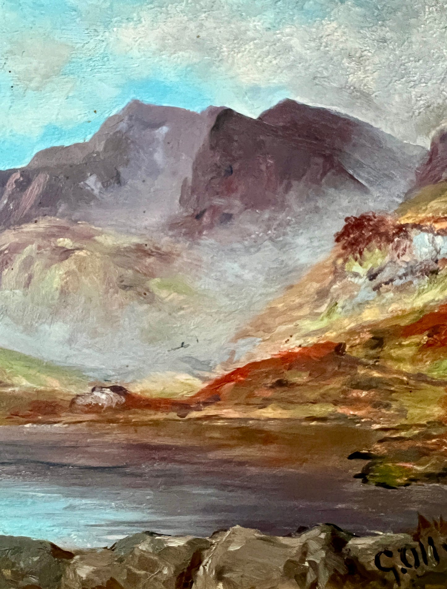 Vintage Mountain Lake Landscape Oil Painting in Gold Frame