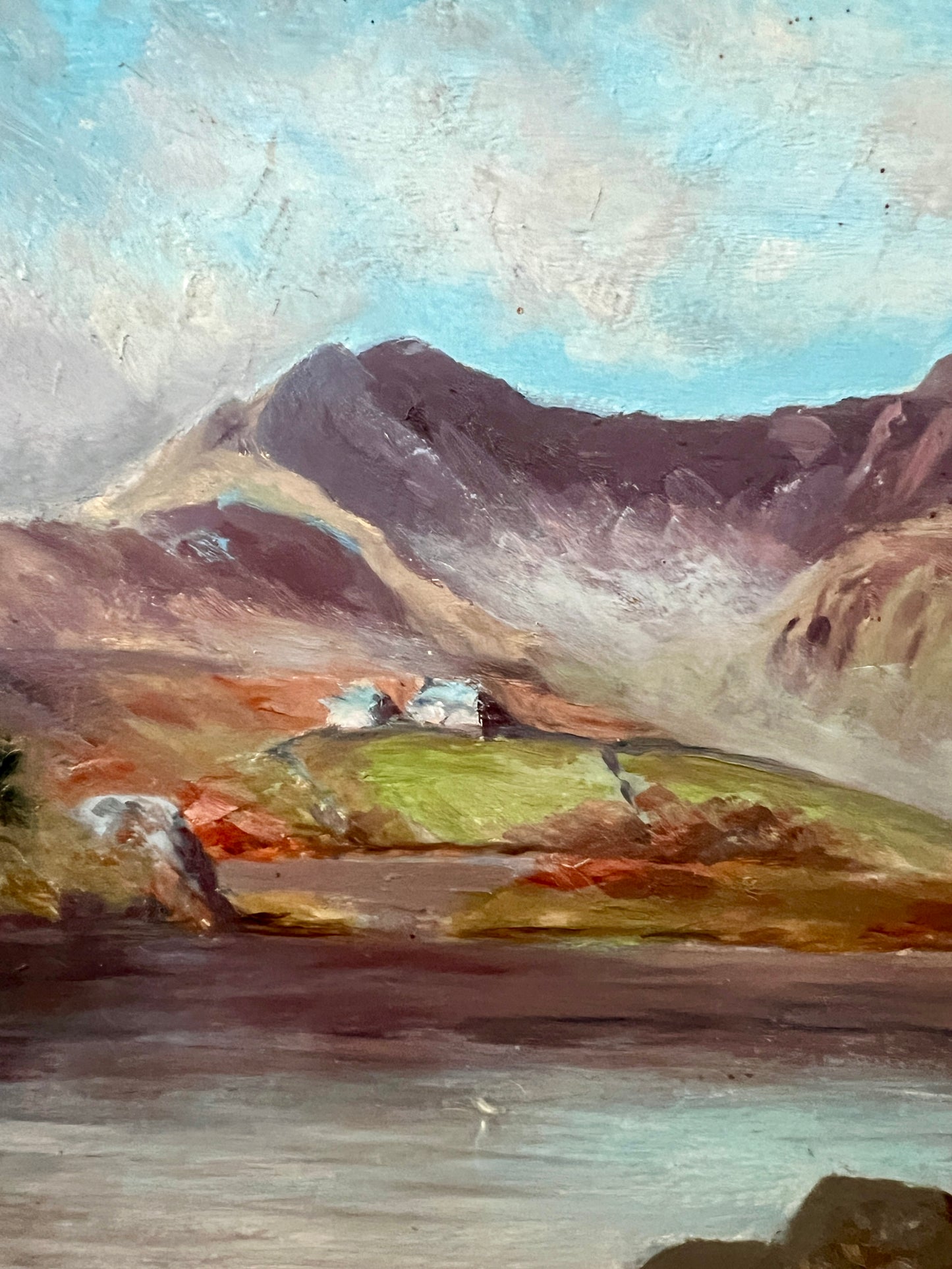 Vintage Mountain Lake Landscape Oil Painting in Gold Frame