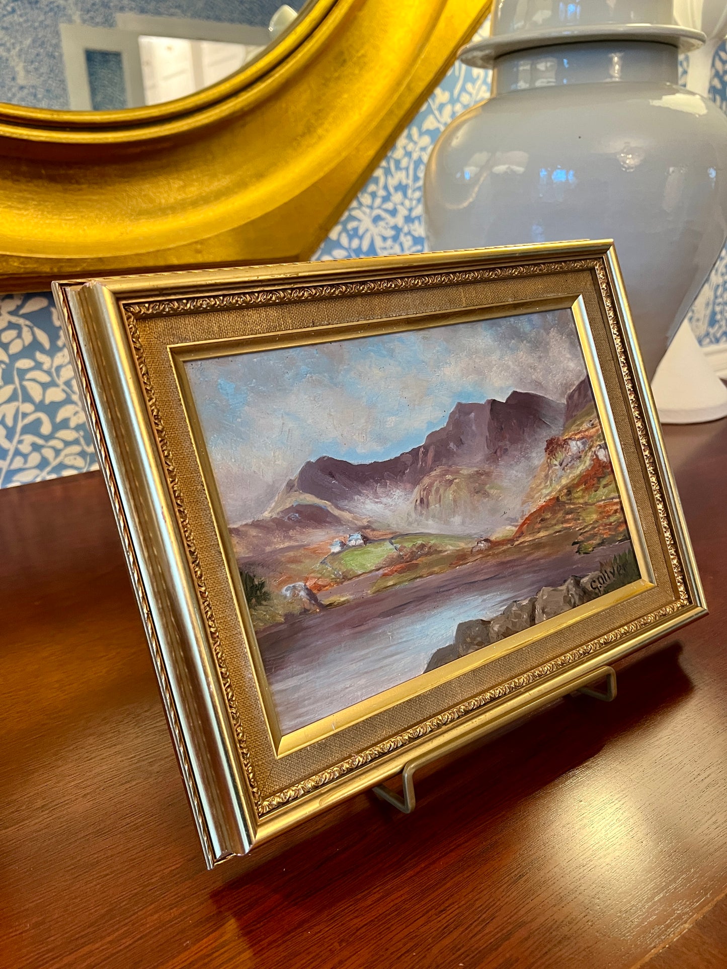 Vintage Mountain Lake Landscape Oil Painting in Gold Frame