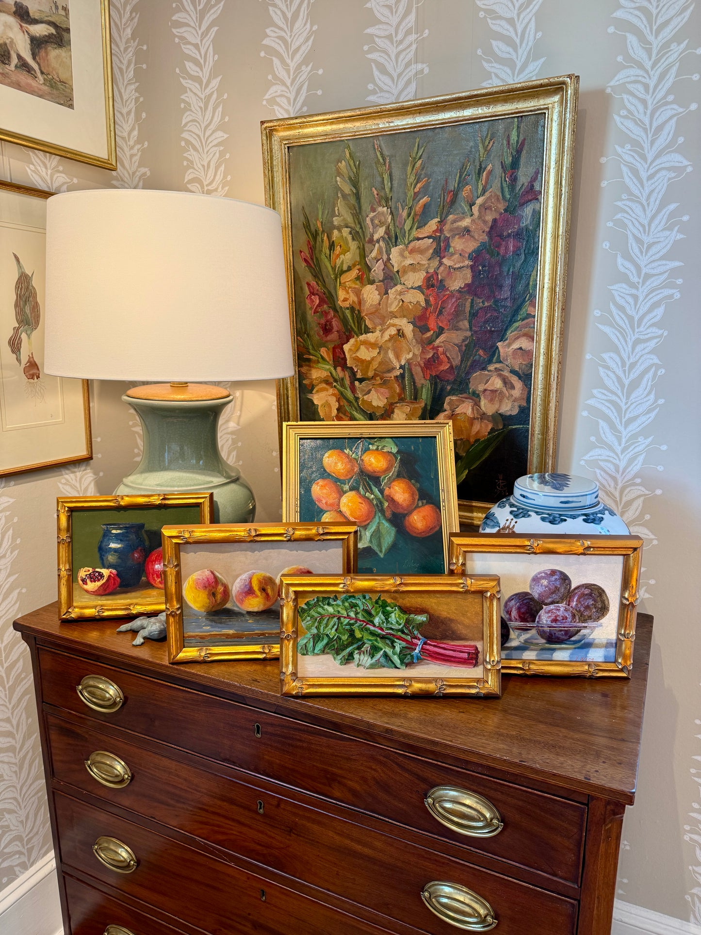 Youqing Wang Swiss Chard Still Life Oil Painting in Gold Bamboo Frame