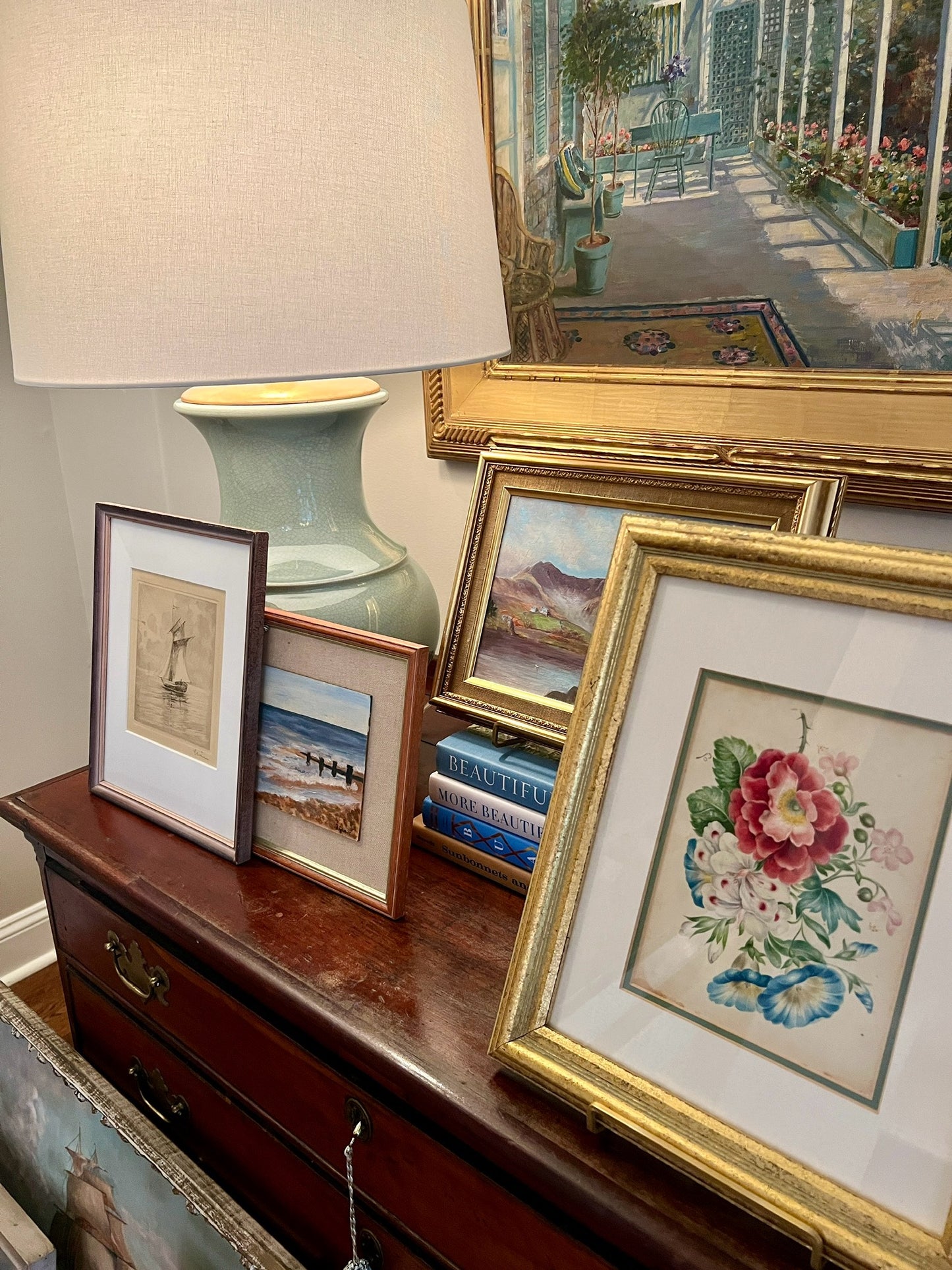 19th Century Intricate Floral Watercolor Painting in Gold Frame