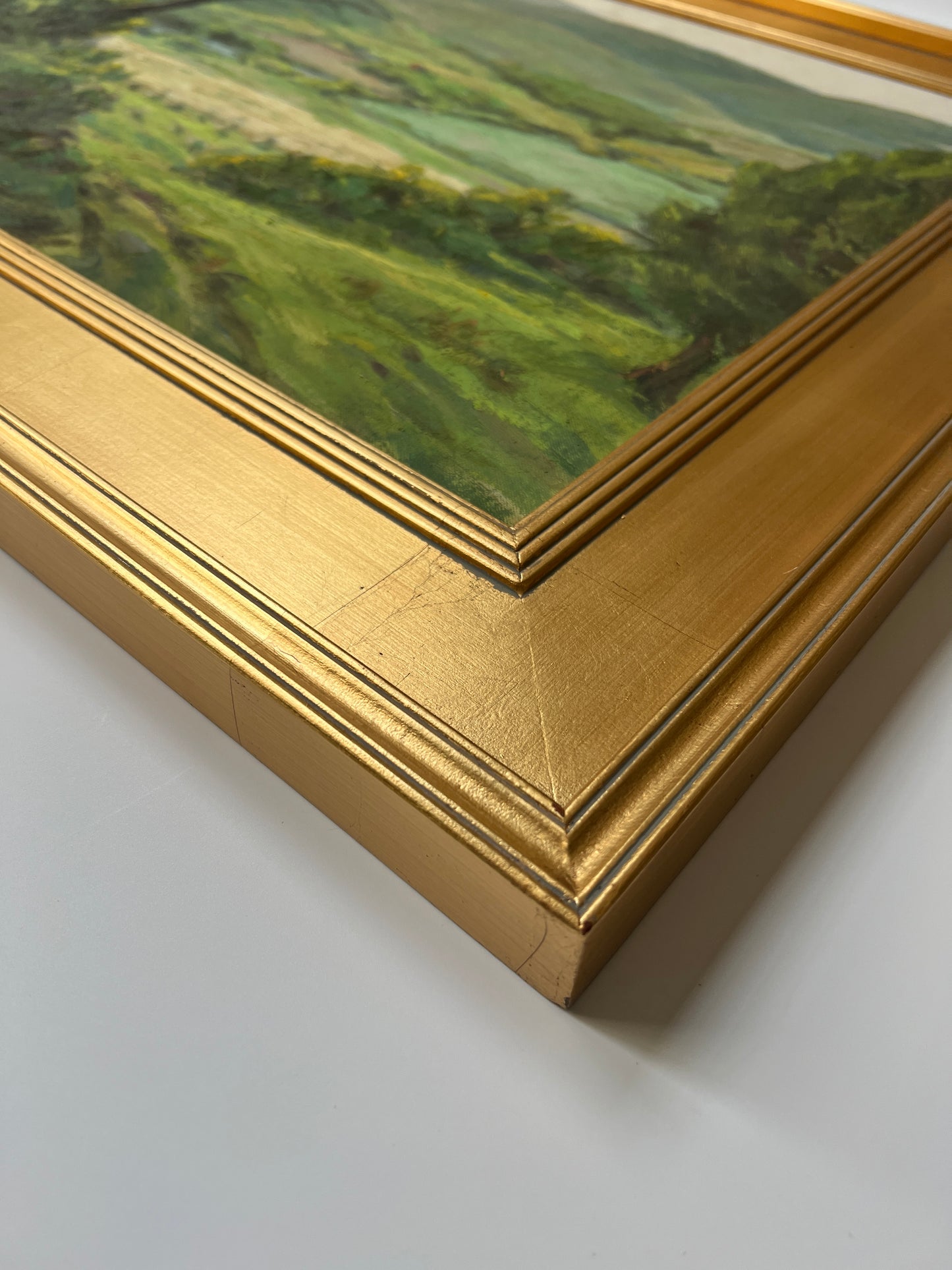 Large Vintage Impressionist Hillside Farm Landscape Painting with Red Barn in Gold Frame