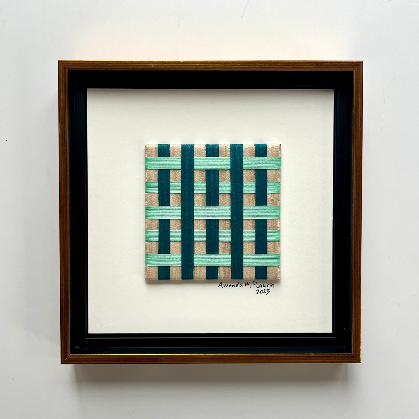 Amanda McLaurin Abstract Fiber Art Green Plaid in Gold Frame