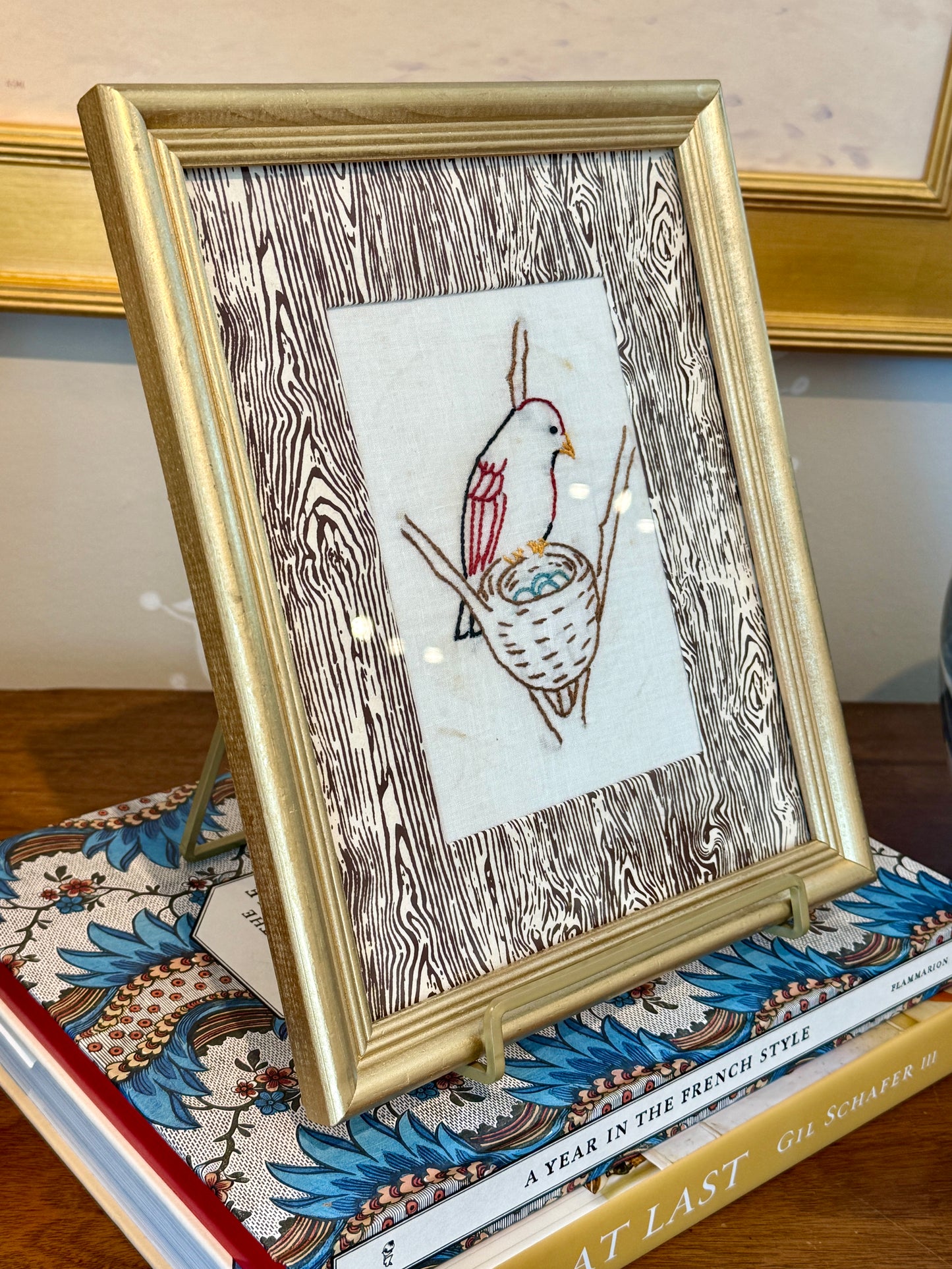 Early 20th Century Bird in Nest Redwork Embroidery on Brown Faux Bois in Gold Frame