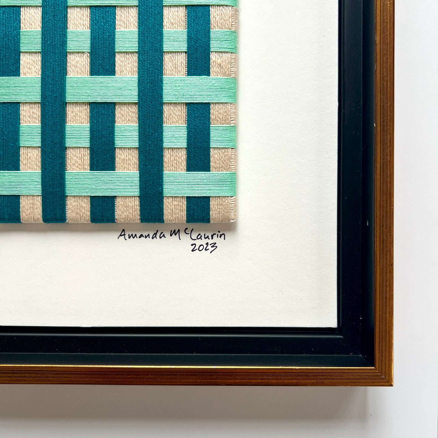 Amanda McLaurin Abstract Fiber Art Green Plaid in Gold Frame