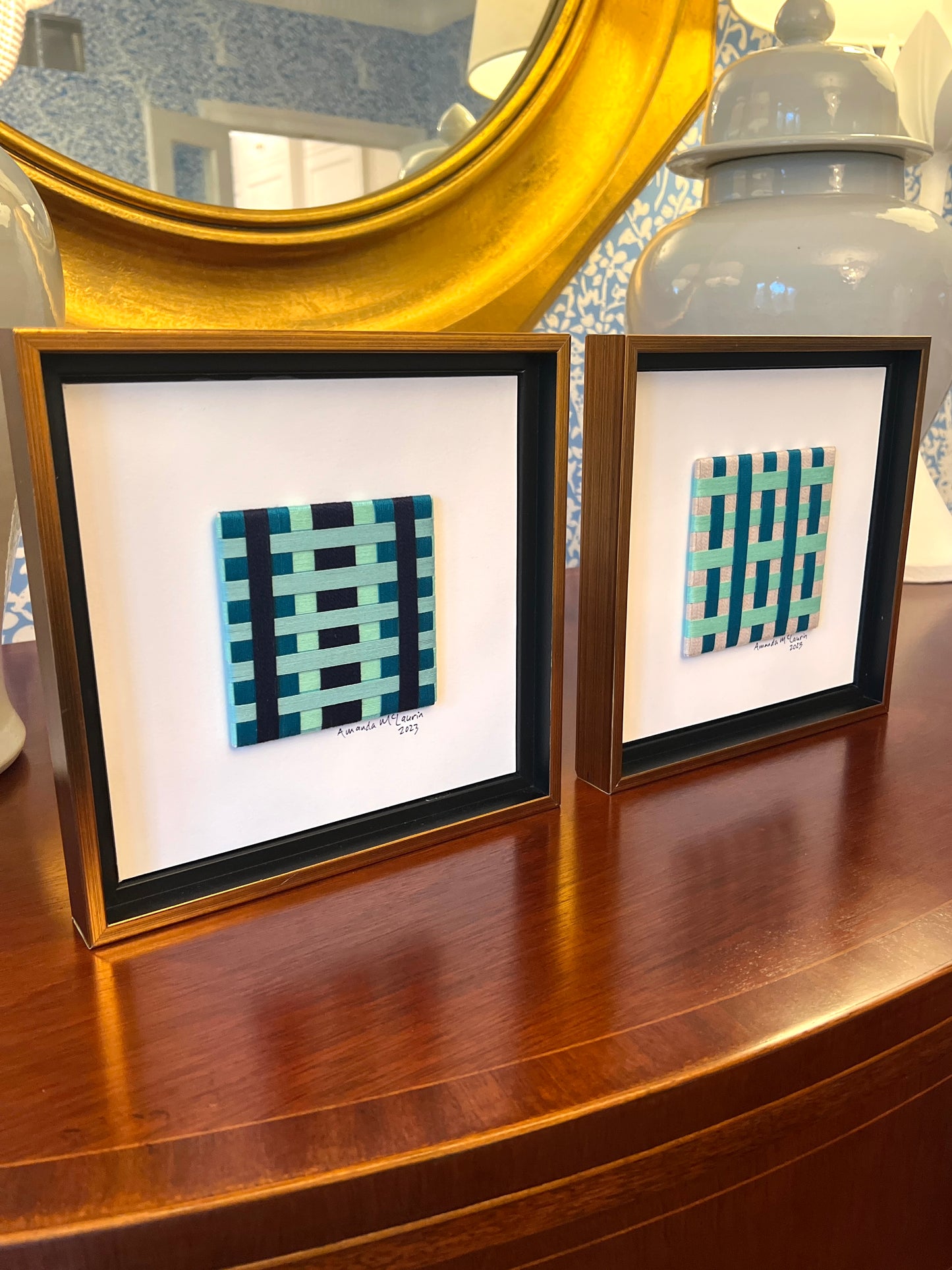 Amanda McLaurin Abstract Fiber Art Green Plaid in Gold Frame