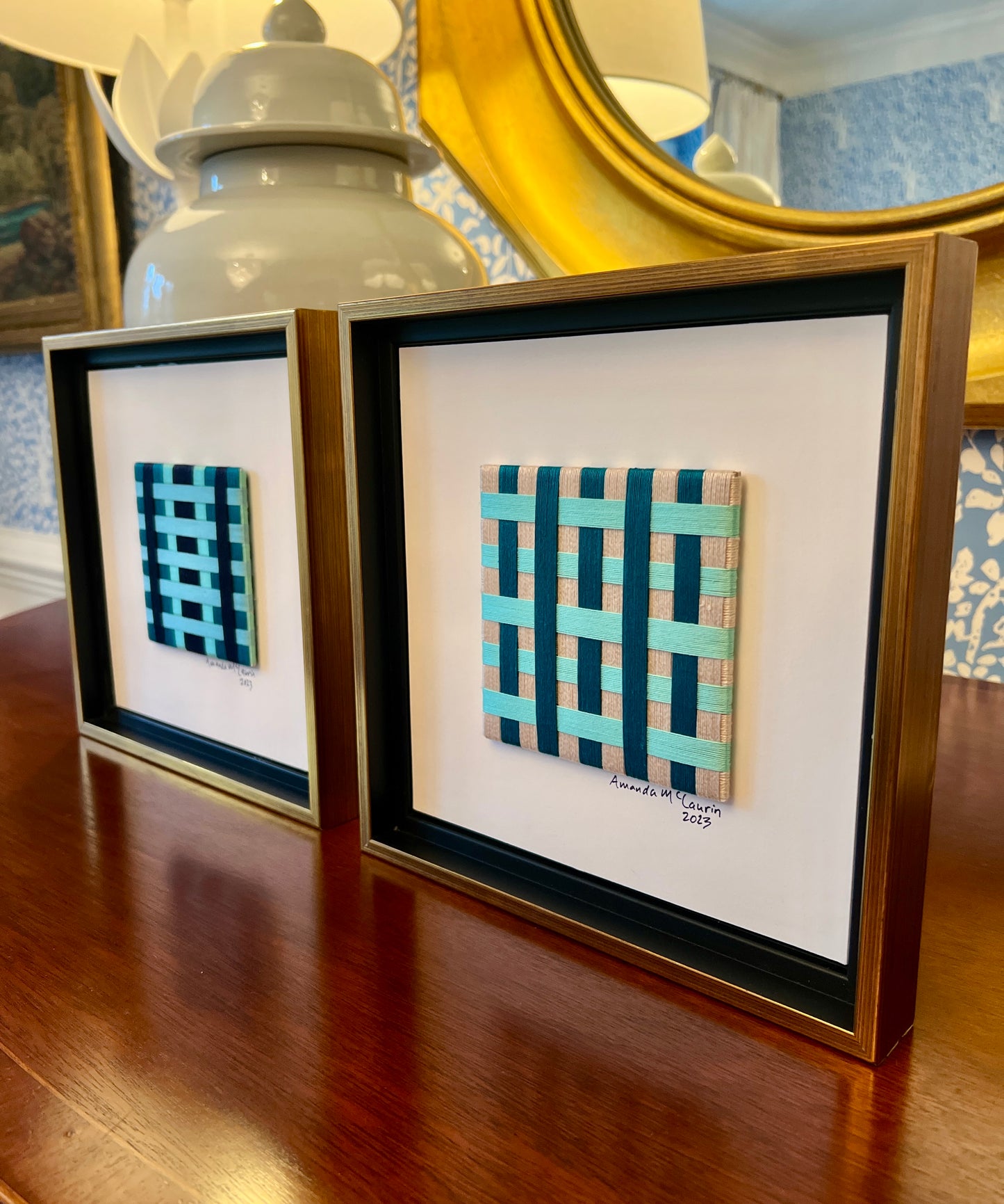 Amanda McLaurin Abstract Fiber Art Green Plaid in Gold Frame
