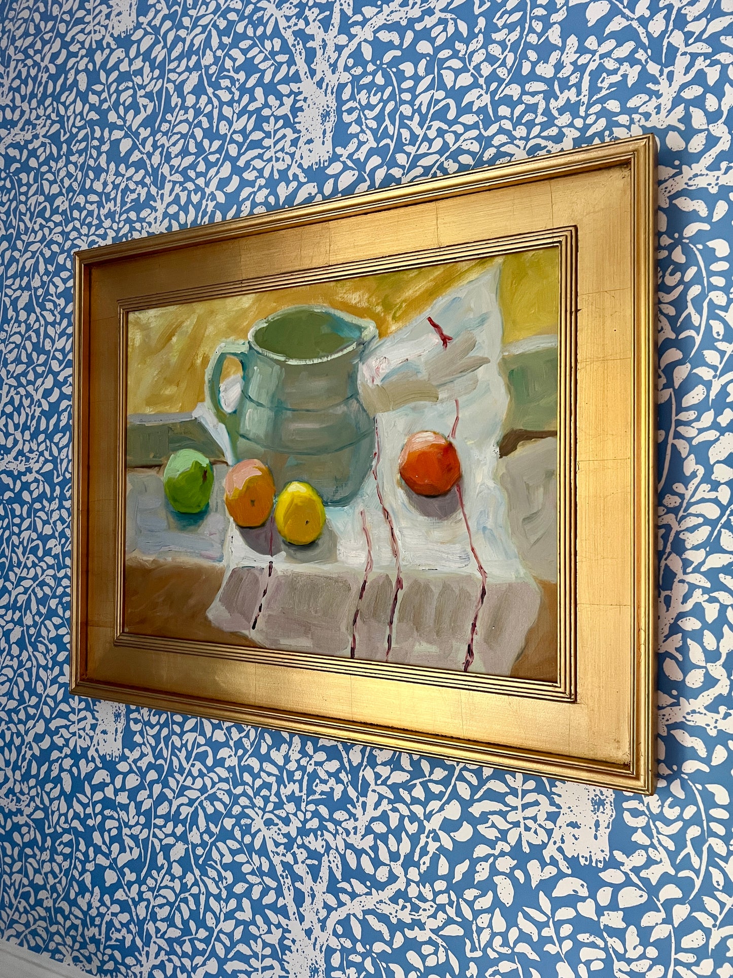 Large Impressionist Citrus Fruit and Pitcher Still Life in Gold Frame