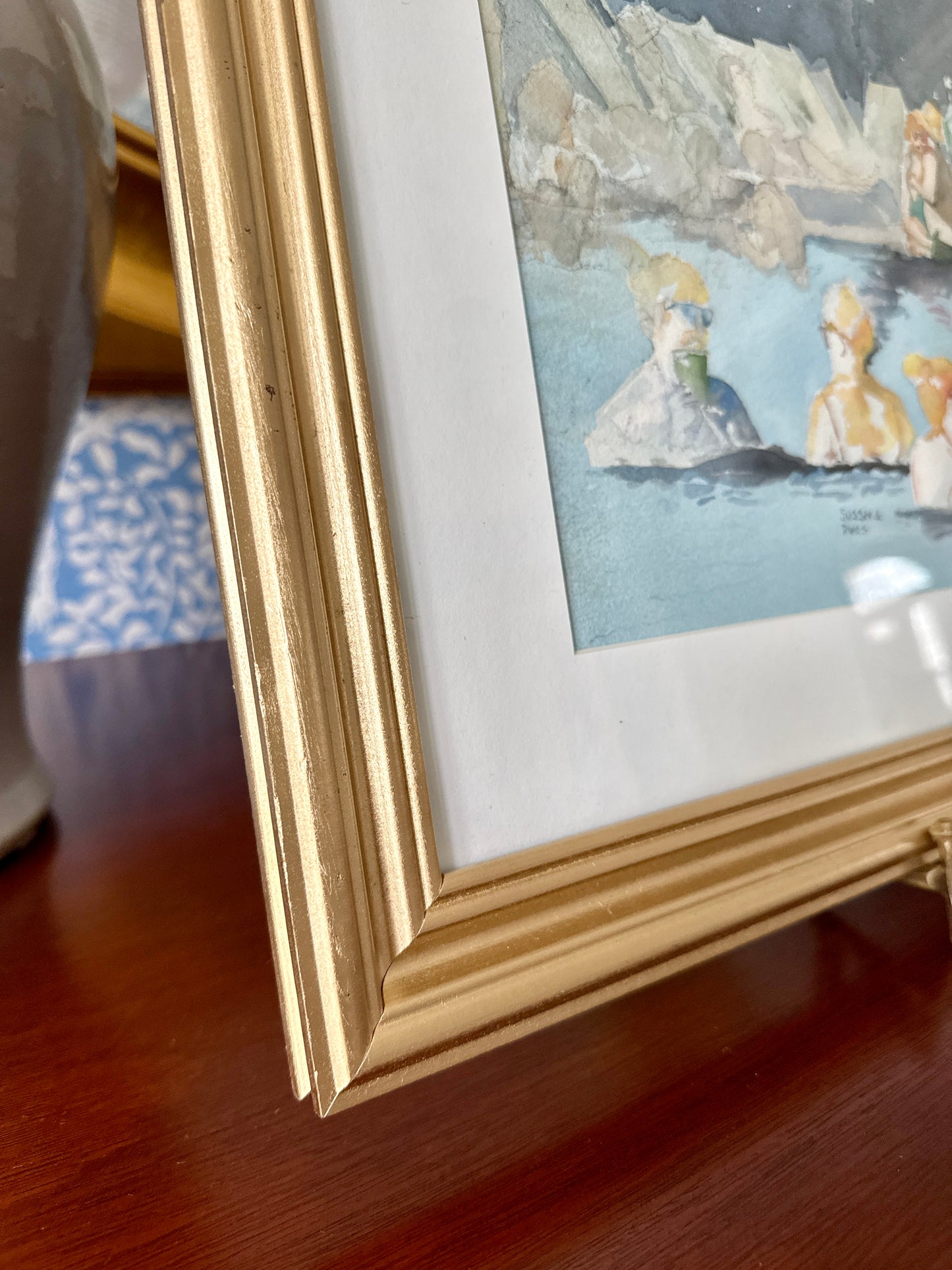 Robert Sussna Pool Party Watercolor in Gold Frame