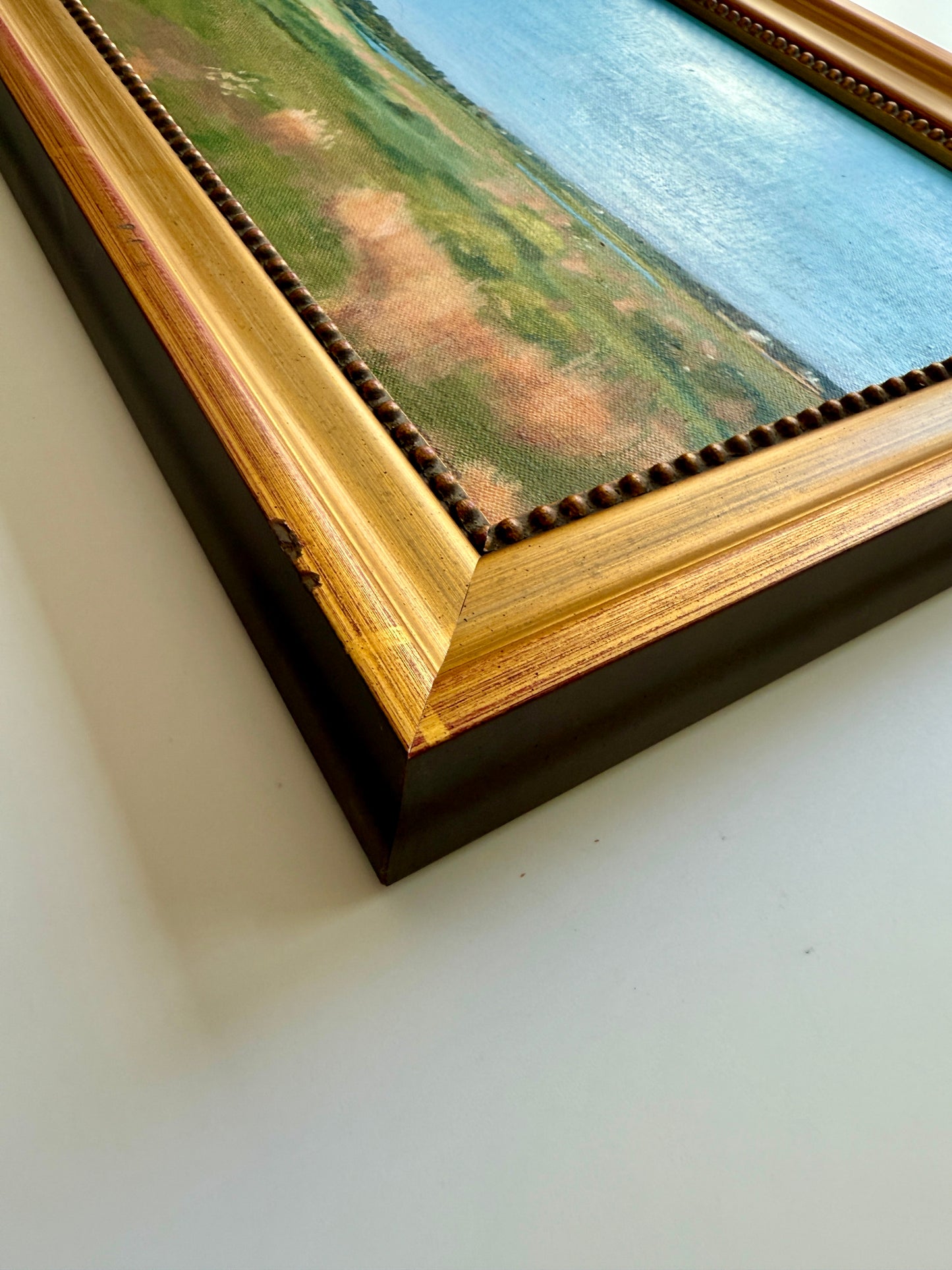 Midge Stires Hamptons Morning Bay View Seascape Painting in Gold Frame