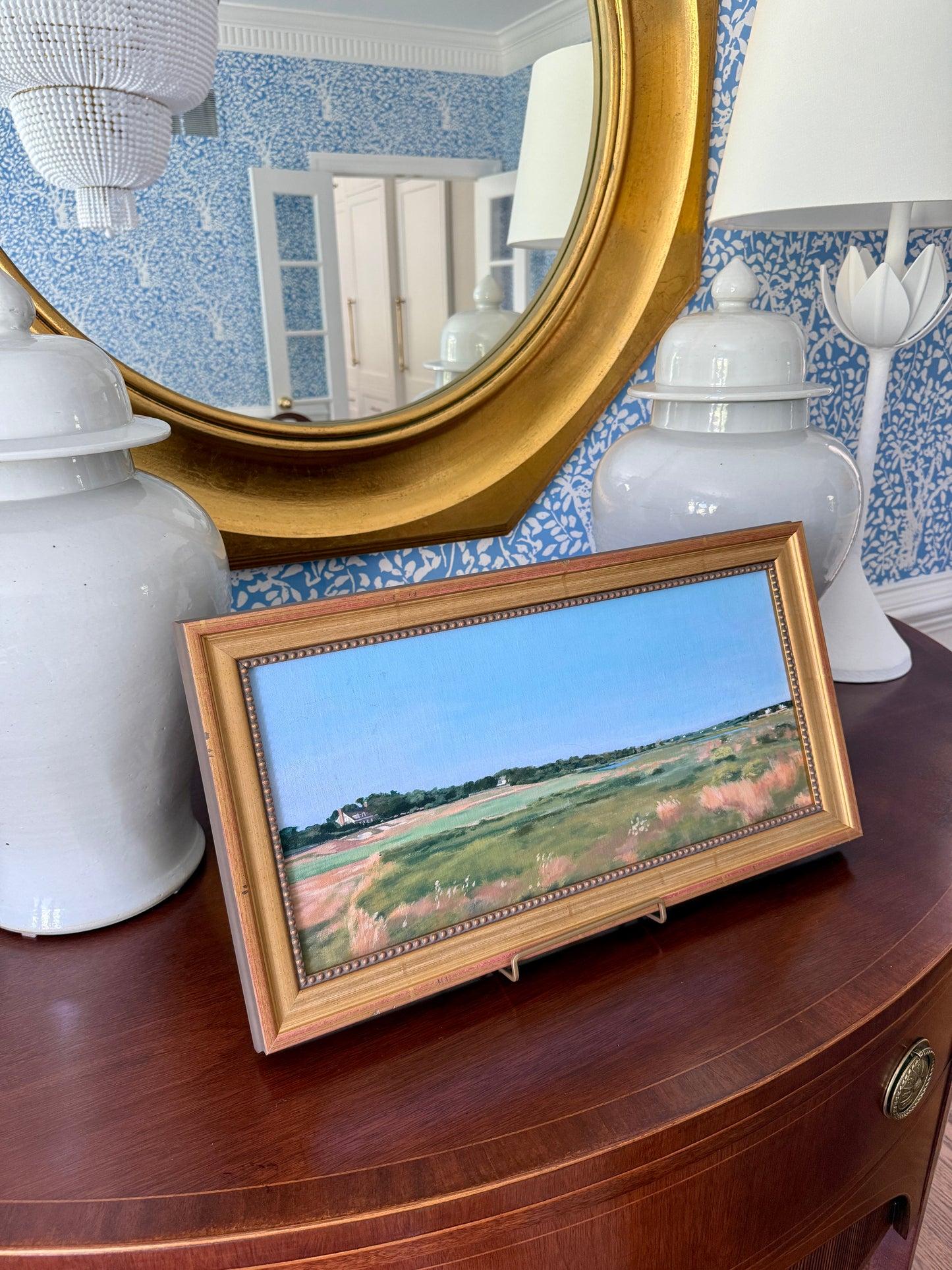 Midge Stires Hamptons Morning Bay View Seascape Painting in Gold Frame