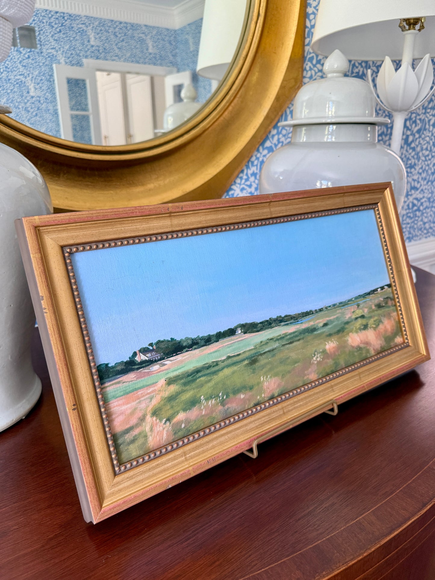 Midge Stires Hamptons Morning Bay View Seascape Painting in Gold Frame
