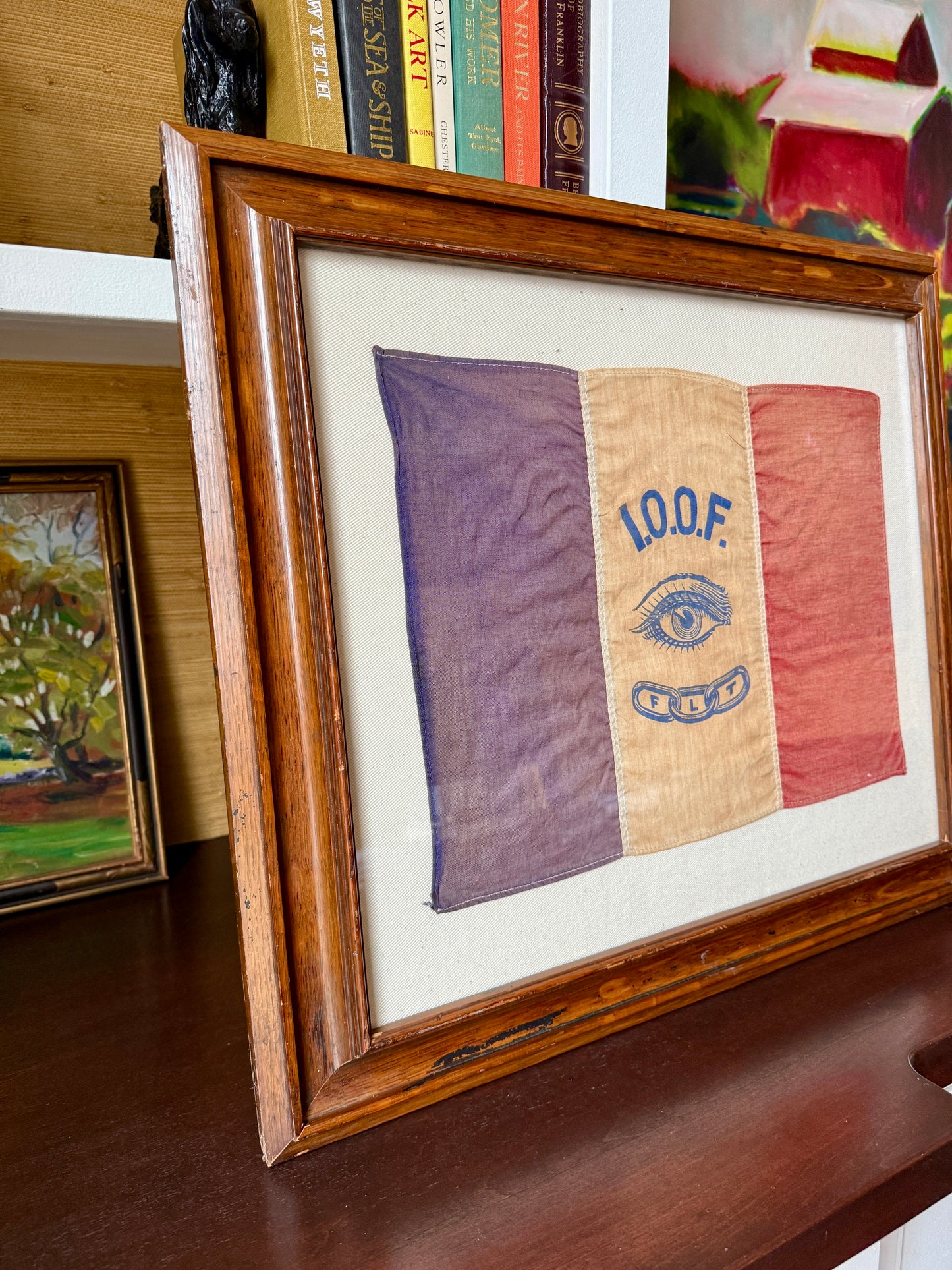 Antique International Order of Oddfellows All-Seeing Eye Flag (IOOF) on Ivory Twill in Wood Frame