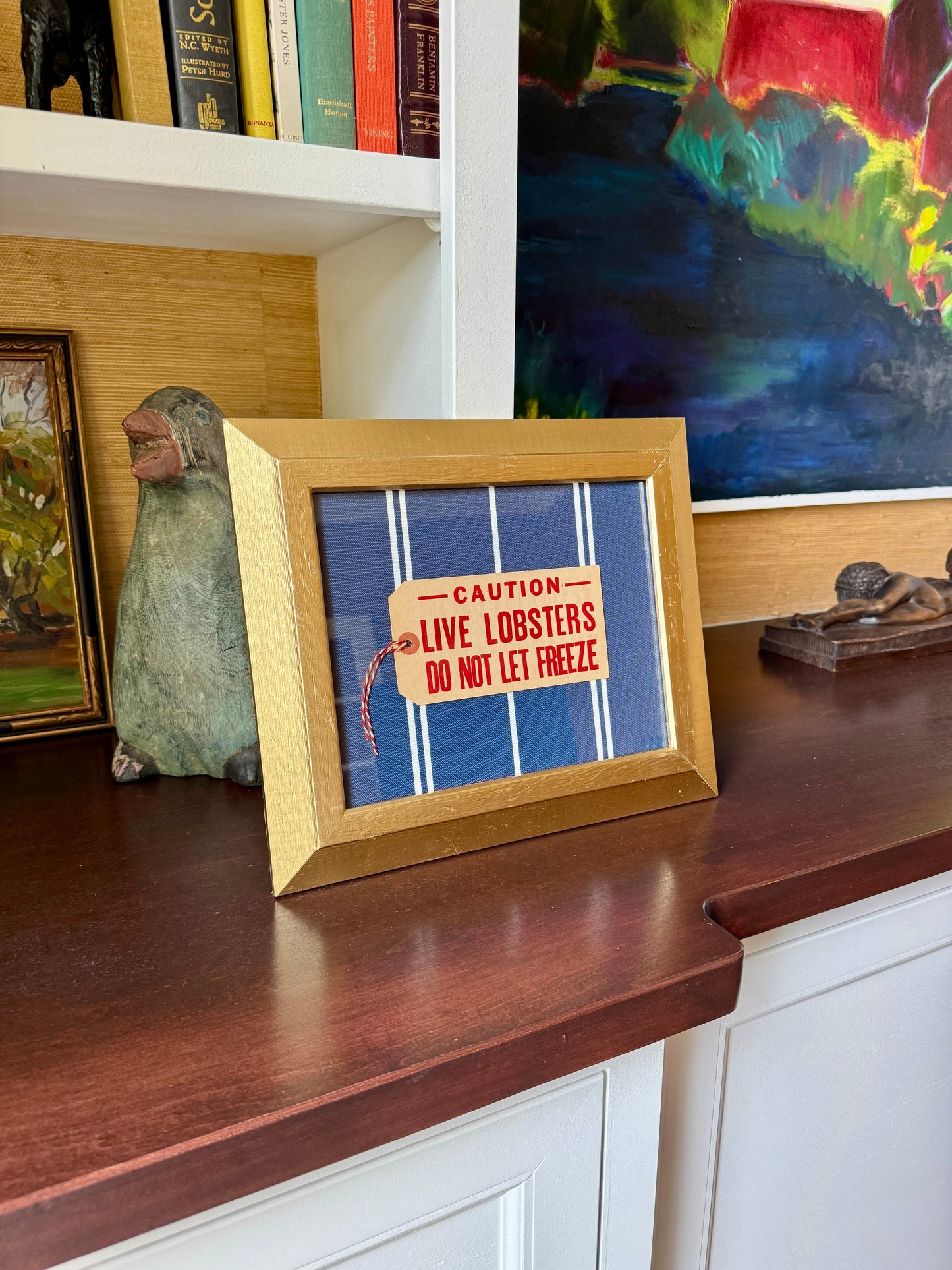 Vintage Maine Live Lobsters Tag on Navy White Striped Fabric in Gold Frame