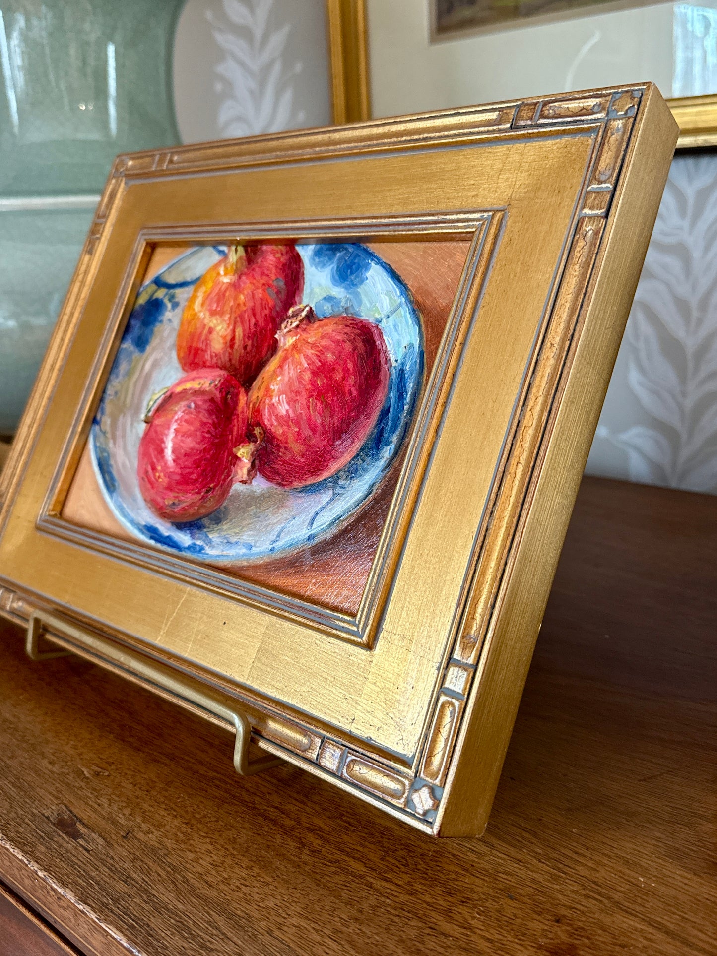 Whole Pomegranates in Blue and White Bowl Still Life Oil Painting in Gold Frame