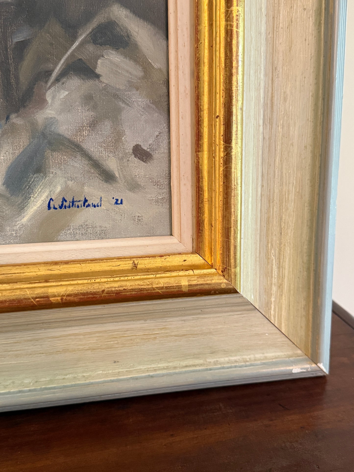Cat Sutherland Pear and Enamel Pitcher Still Life Oil Painting in Light Blue and GIlded Frame