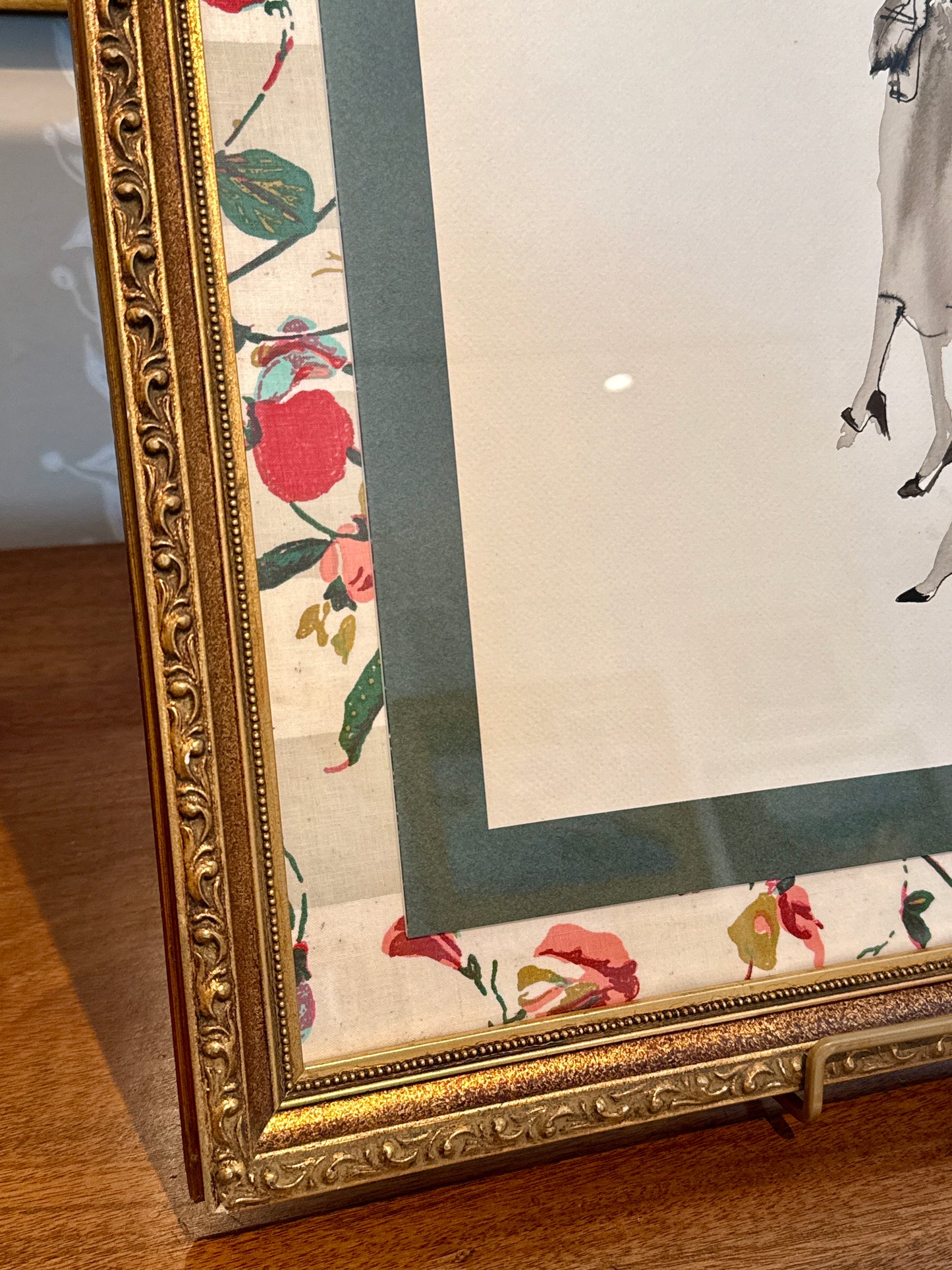 Mid Century Fashion Watercolor Ladies Portrait on Cowtan and Tout Sweetpea Fabric in Gold Frame