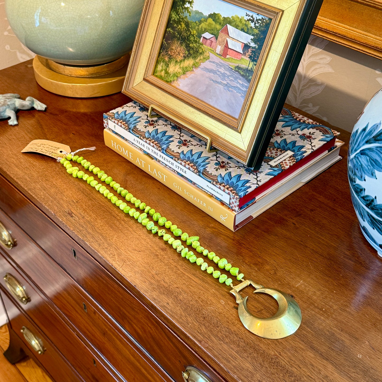 Antique English Horse Brass Crescent Moon Medallion Semi-Precious Jade Beaded Hand Knotted Necklace