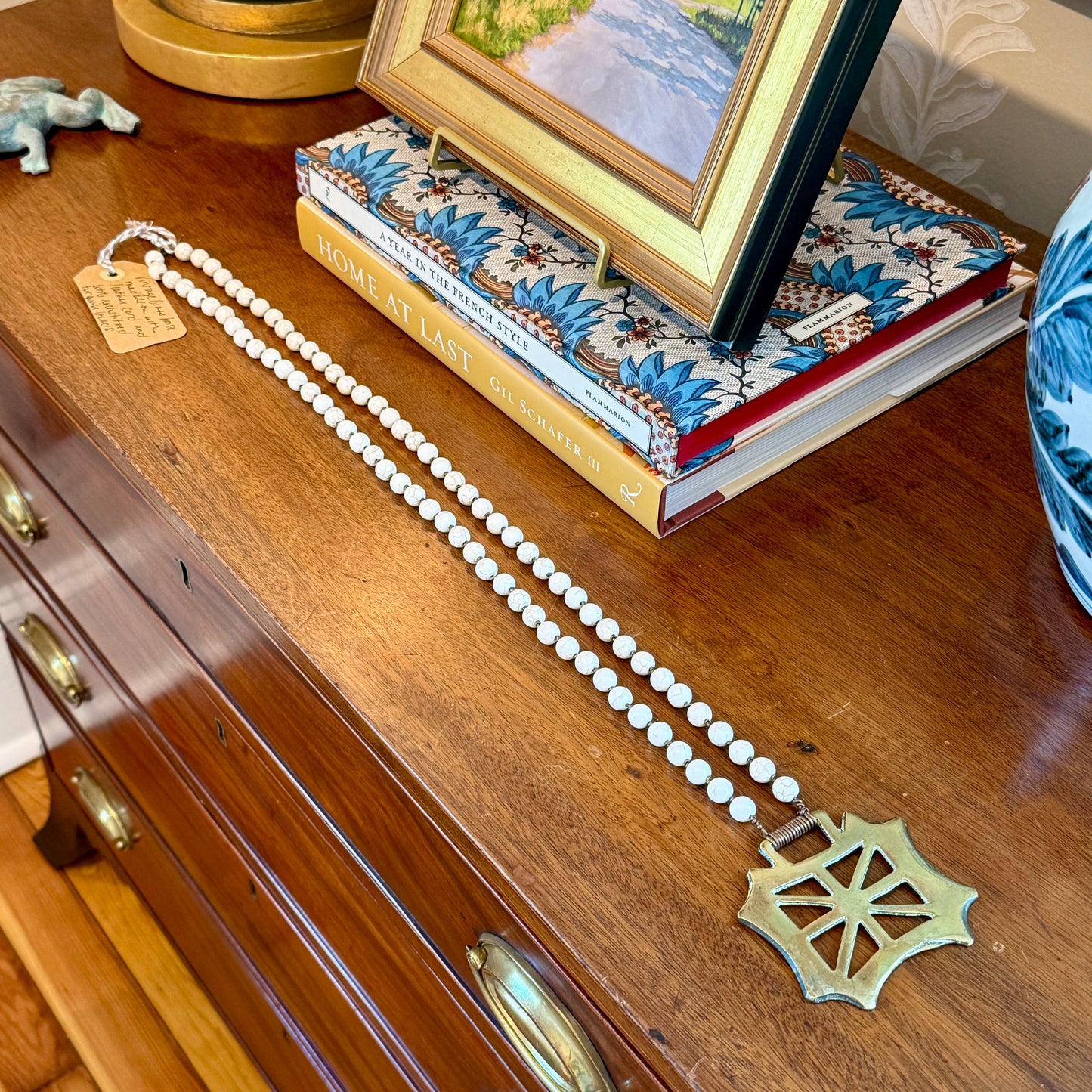 Antique English Horse Brass Union Jack Medallion White Turquoise Beaded Hand Knotted Necklace