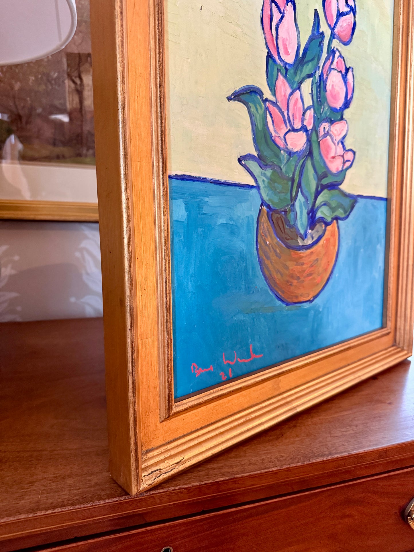 Brian William Pink Potted Tulips Expressionist Still Life Oil Painting in Gold Frame