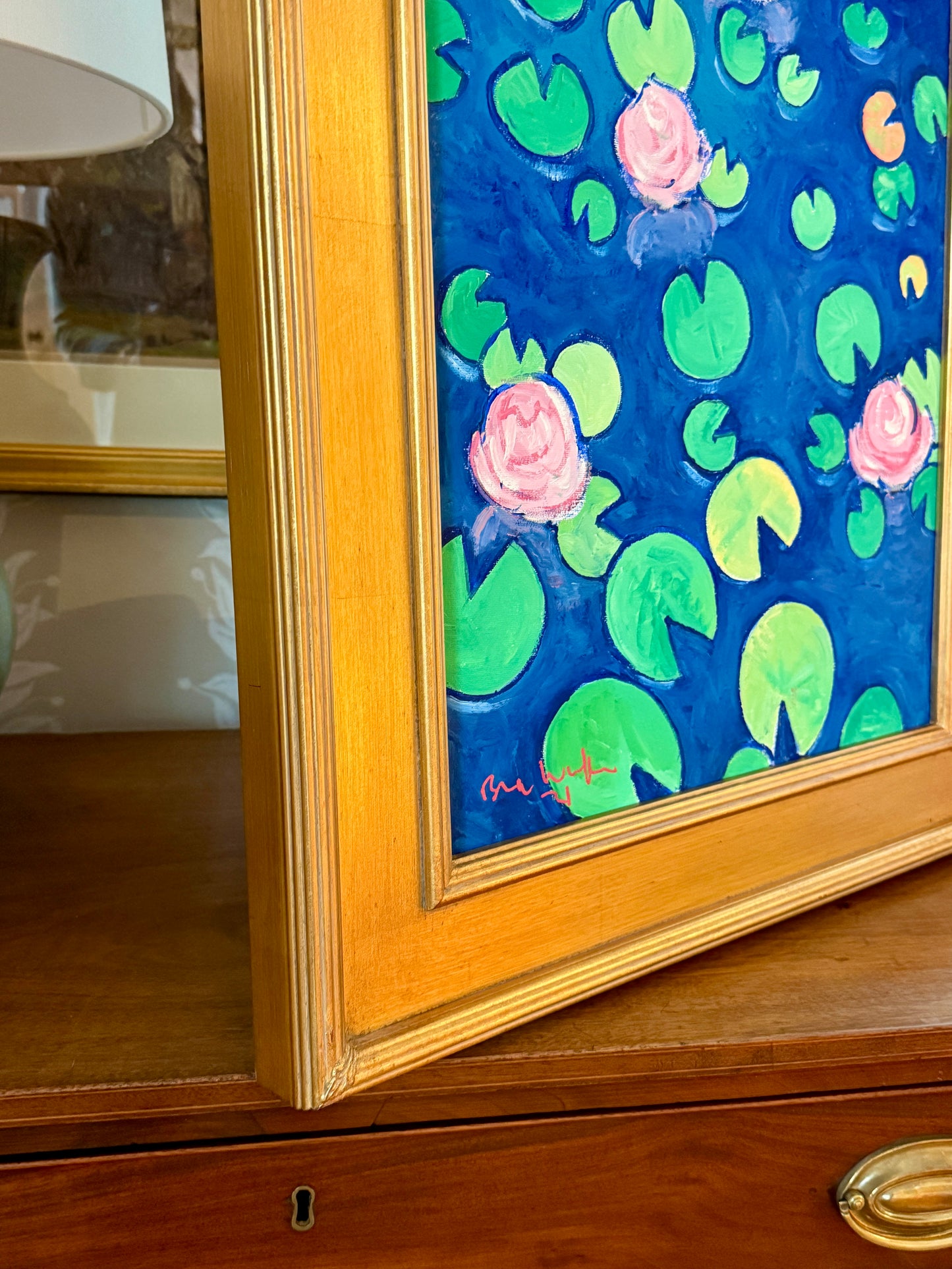 Brian William Water Lilies Expressionist Oil Painting in Gold Frame