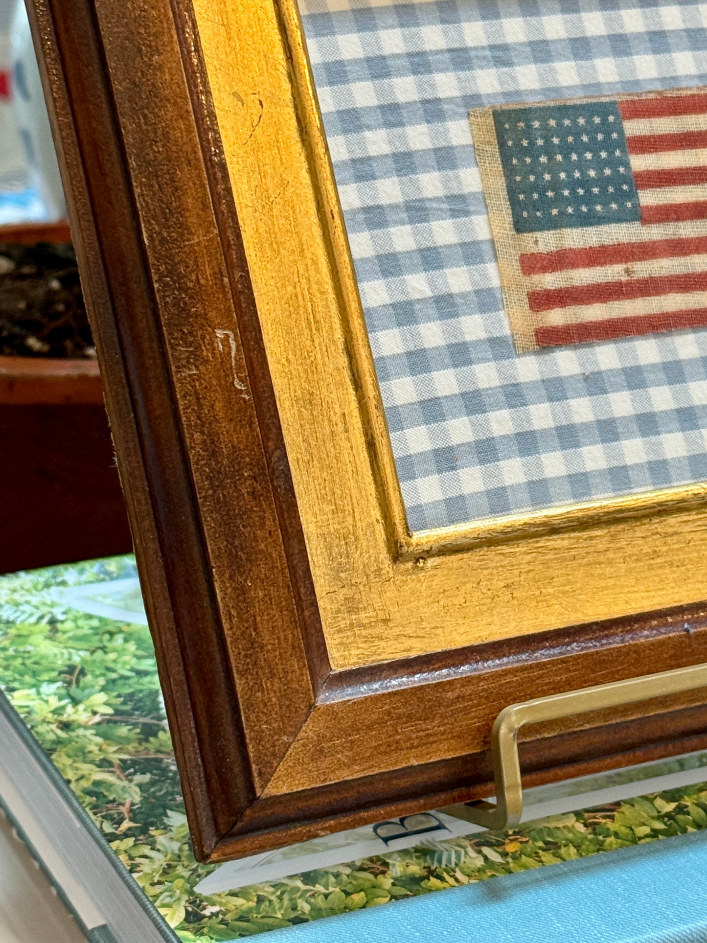 Antique 48 Star Parade Flag on Light Blue Gingham in Old Wood and Gilded Frame