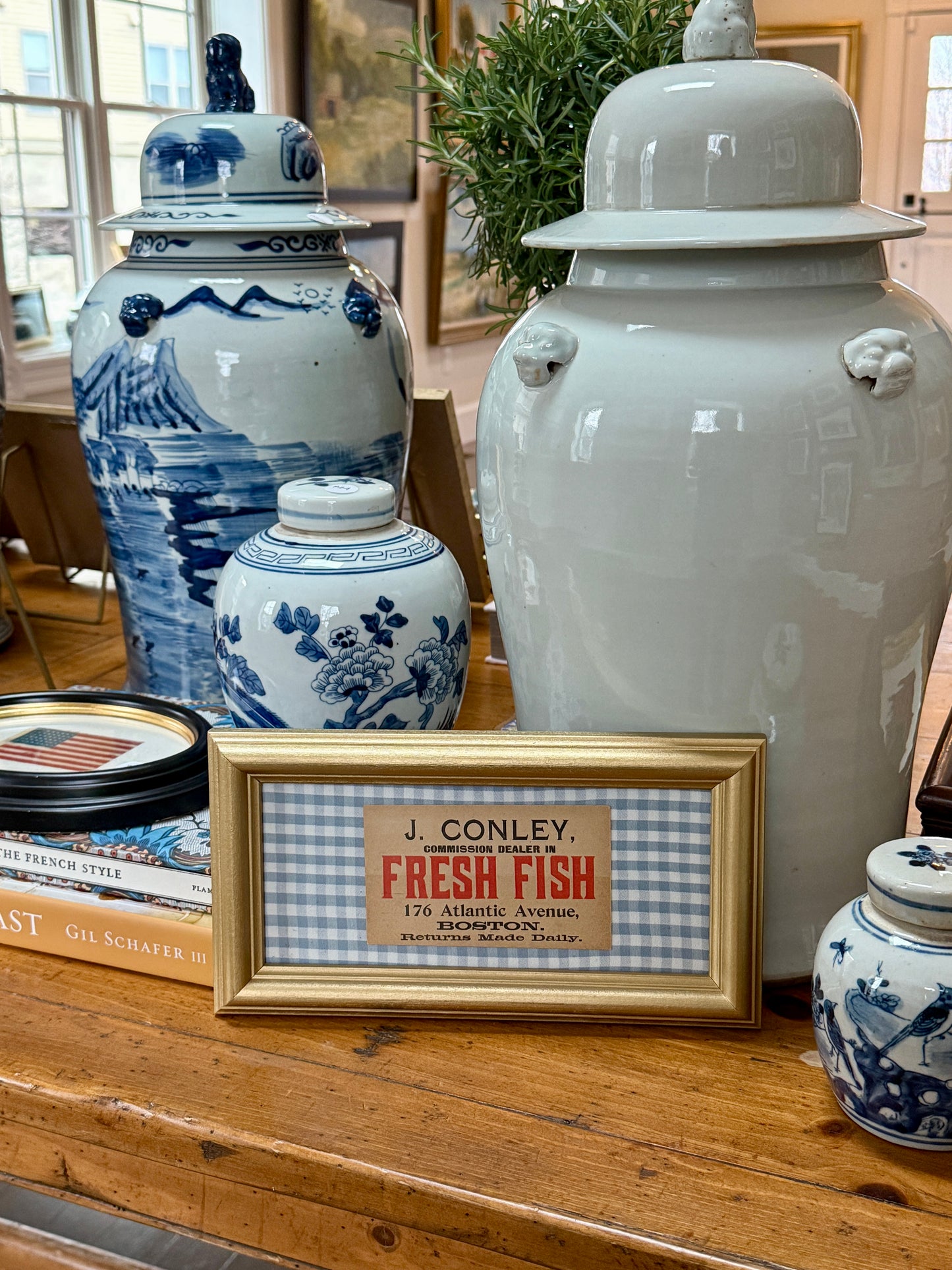 Fresh Fish Old Boston Fishmonger's Tag on Light Blue Gingham in Gold Frame