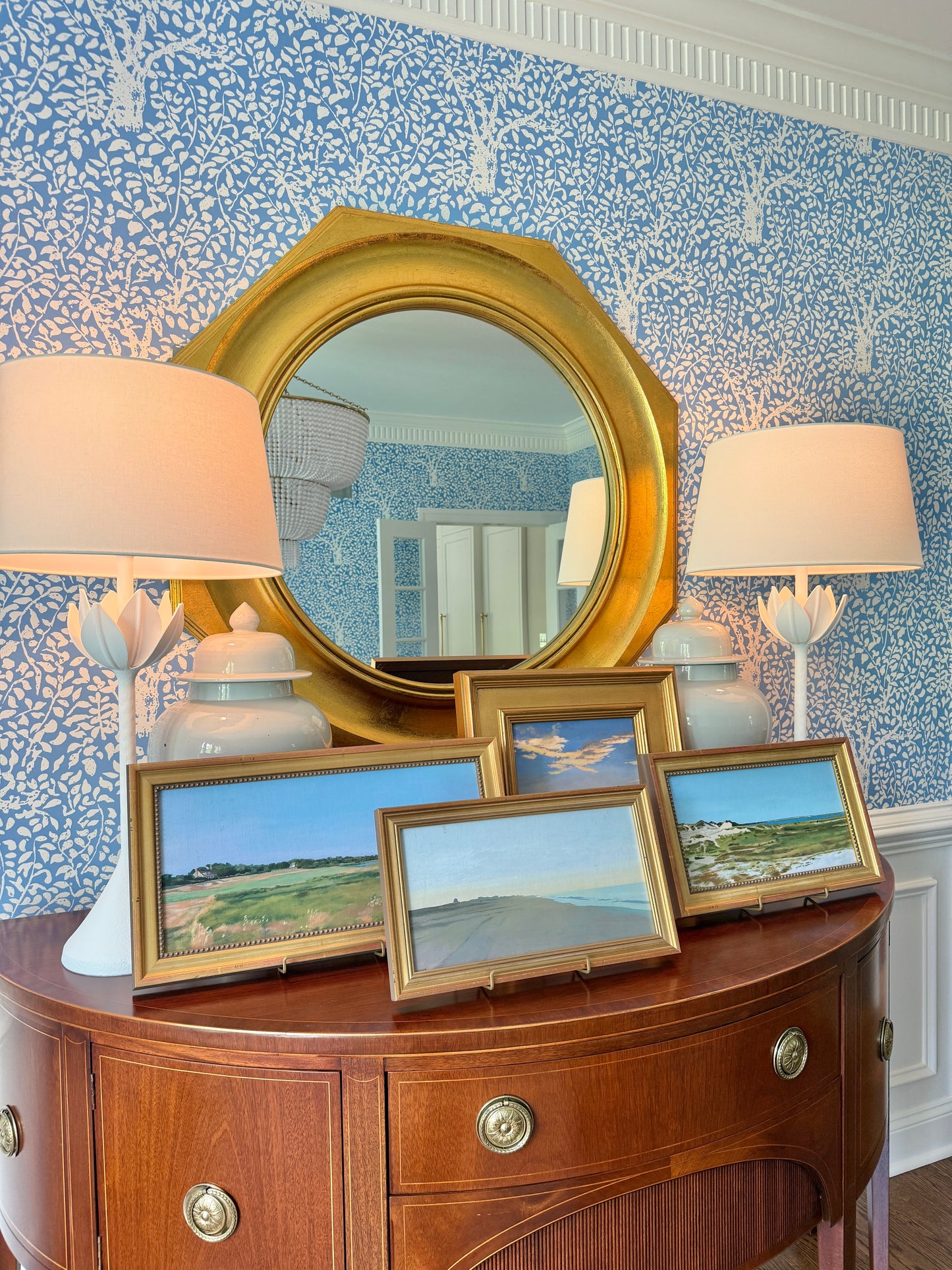 Midge Stires Hamptons Morning Bay View Seascape Painting in Gold Frame