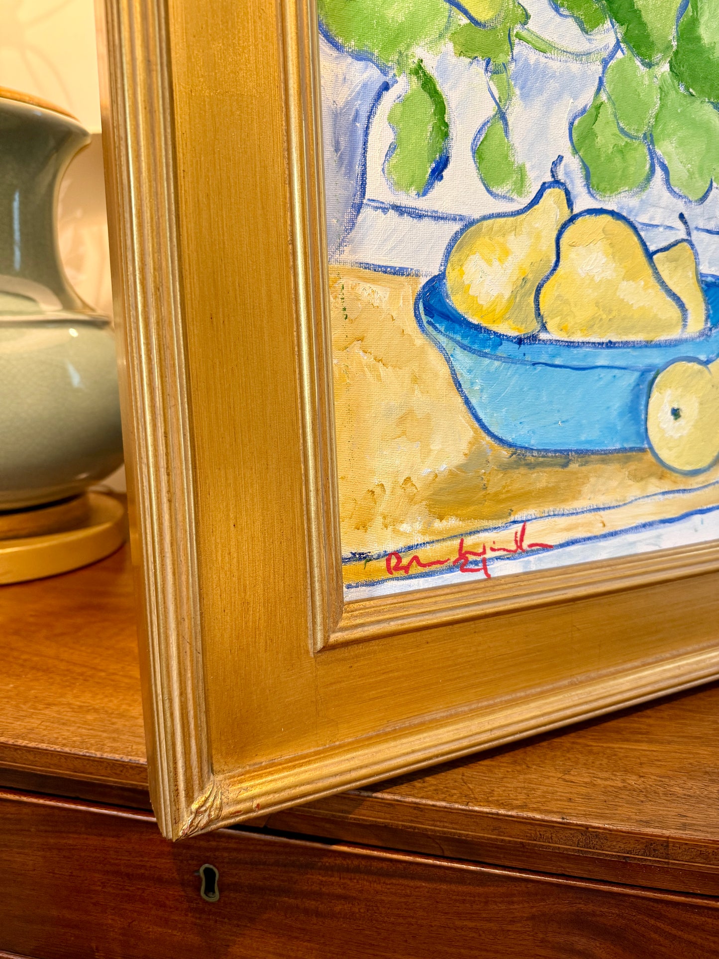Brian William Pink Geraniums and Pears Still Life Oil Painting in Gold Frame