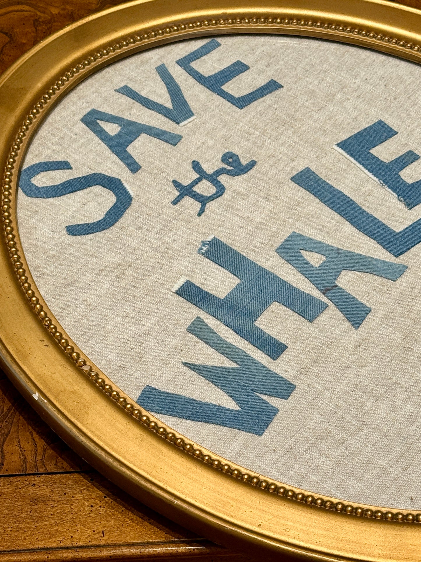 Save the Whales Mixed Media Painting on Linen in Oval Gold Frame