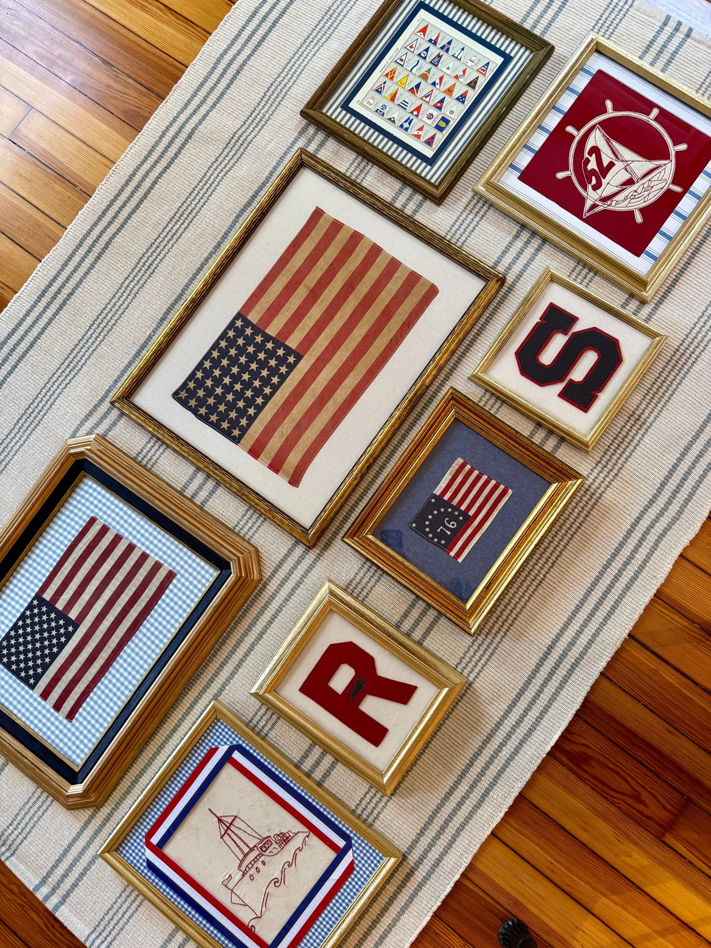 Vintage Red Varsity Letter Initial R with Megaphone on Ivory Sail Cloth in Gold Frame