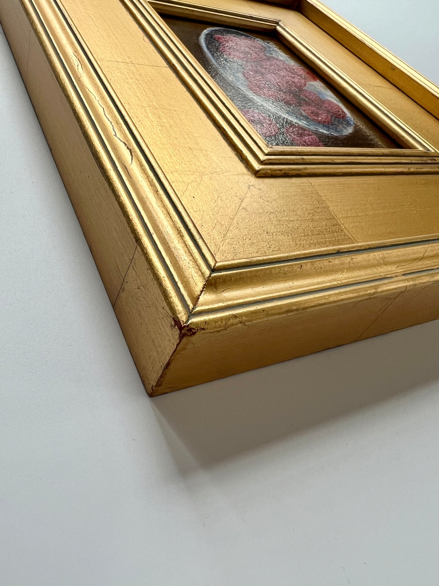 Contemporary Raspberries in Blue and White Bowl Still Life Oil Painting in Gold Frame