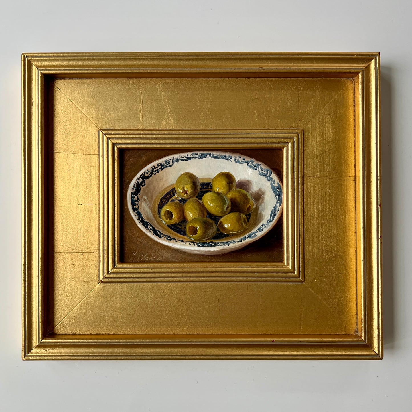 Contemporary Green Olives in Blue and White Bowl Still Life Oil Painting in Gold Frame