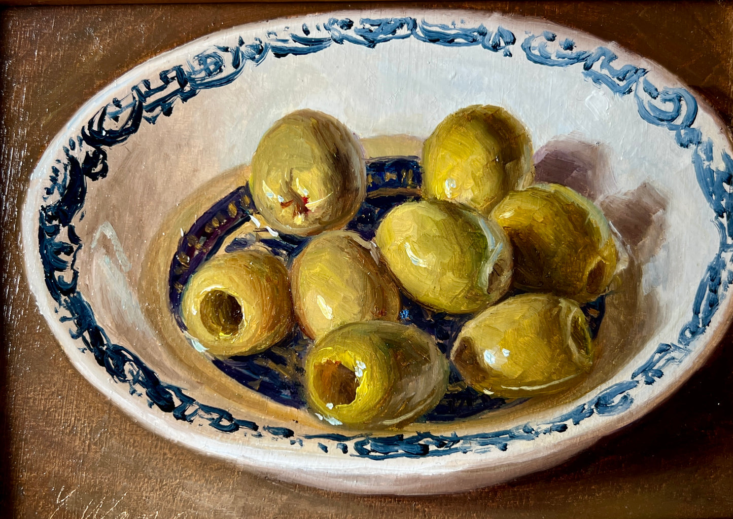 Contemporary Green Olives in Blue and White Bowl Still Life Oil Painting in Gold Frame
