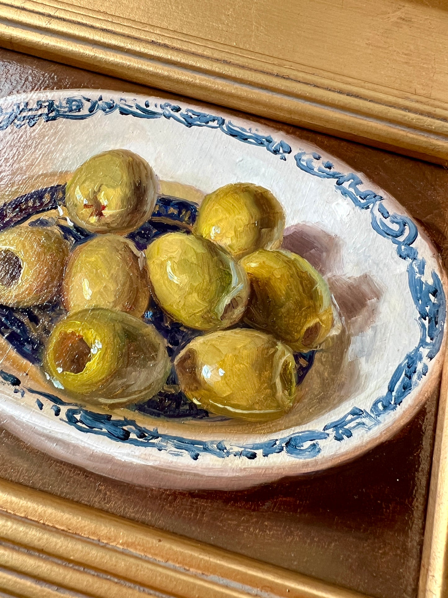 Contemporary Green Olives in Blue and White Bowl Still Life Oil Painting in Gold Frame