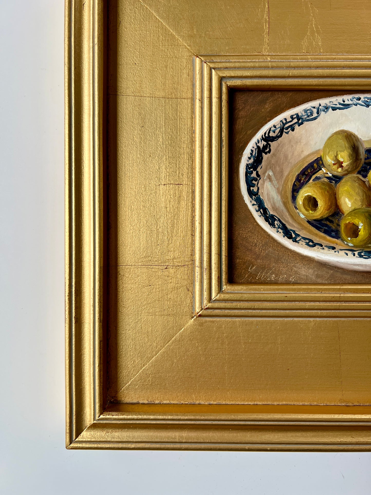 Contemporary Green Olives in Blue and White Bowl Still Life Oil Painting in Gold Frame