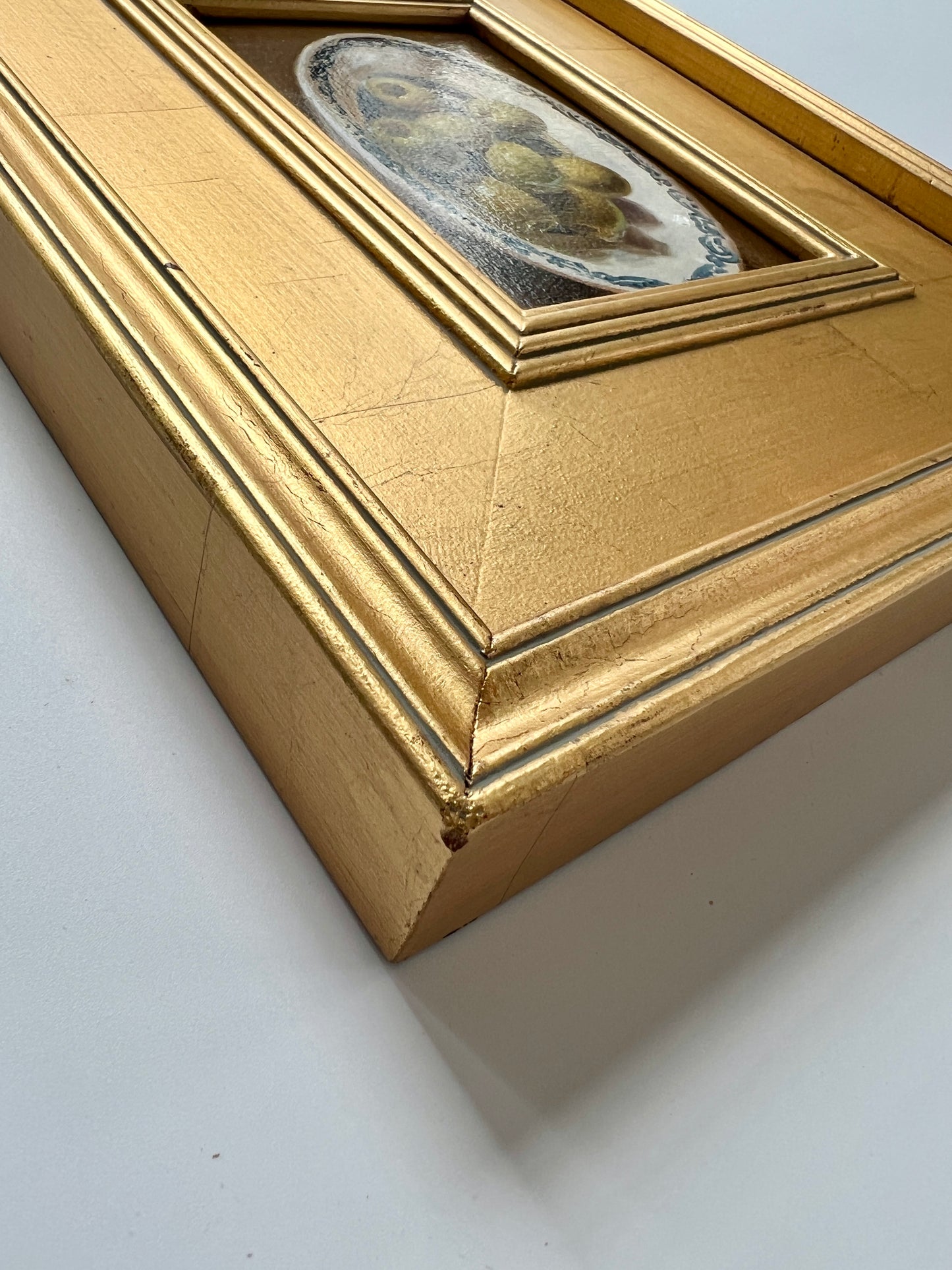 Contemporary Green Olives in Blue and White Bowl Still Life Oil Painting in Gold Frame