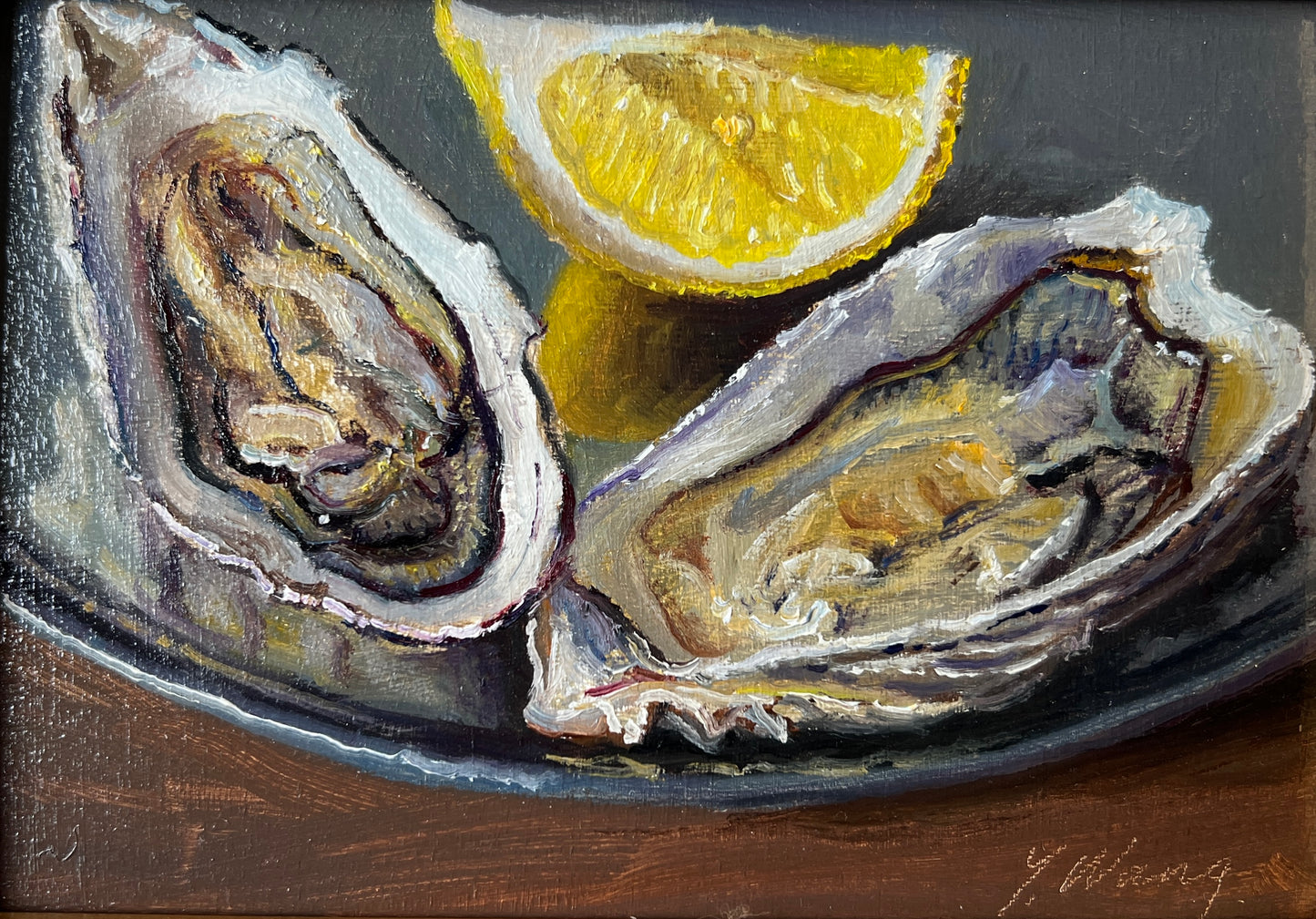 Contemporary Oysters and Lemons Still Life Oil Painting in Gold Frame