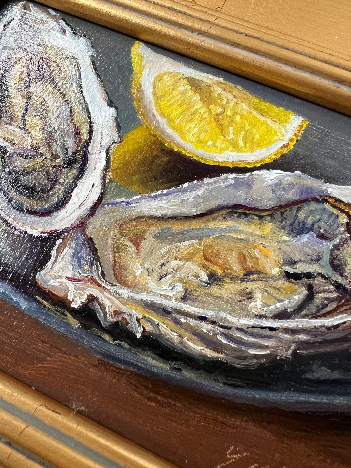 Contemporary Oysters and Lemons Still Life Oil Painting in Gold Frame