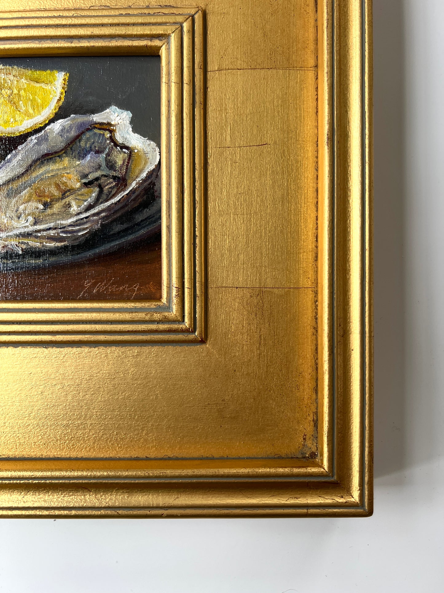 Contemporary Oysters and Lemons Still Life Oil Painting in Gold Frame
