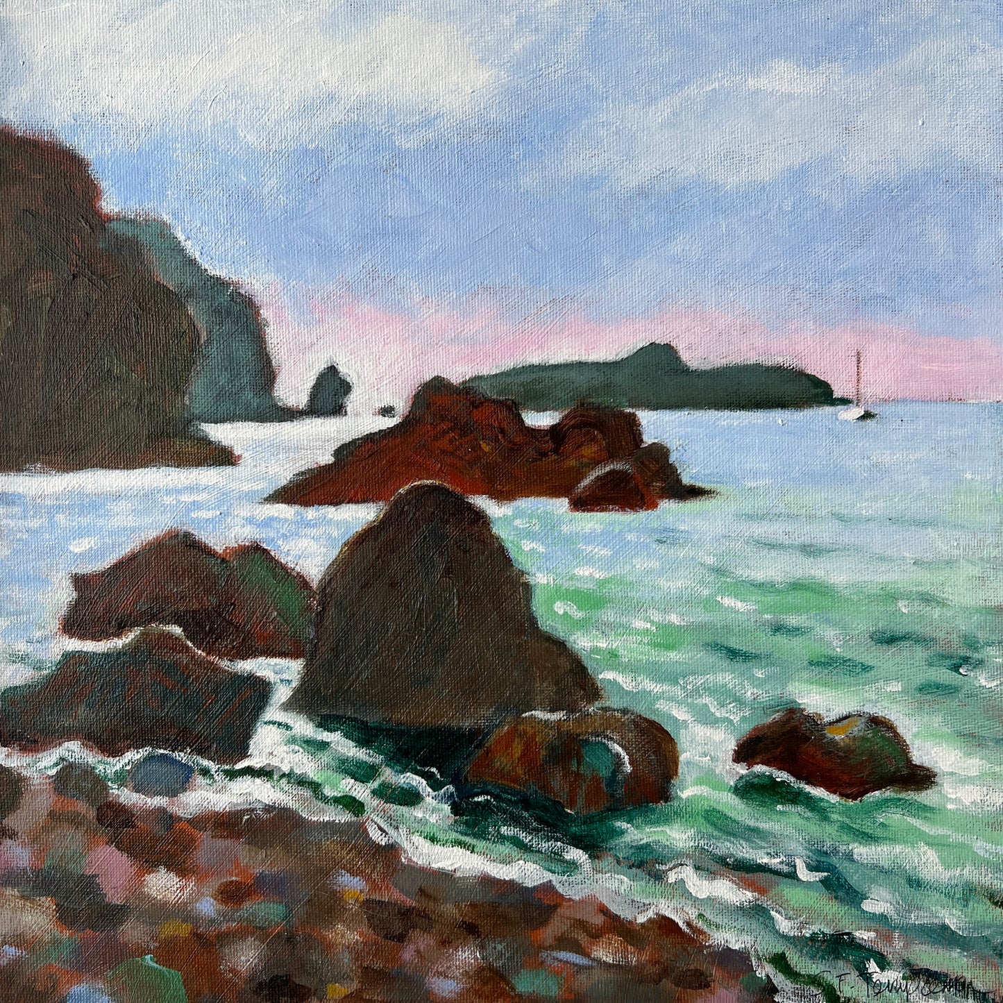 Vintage Rocky Cove Seascape with Sailboat Painting in Gold Frame
