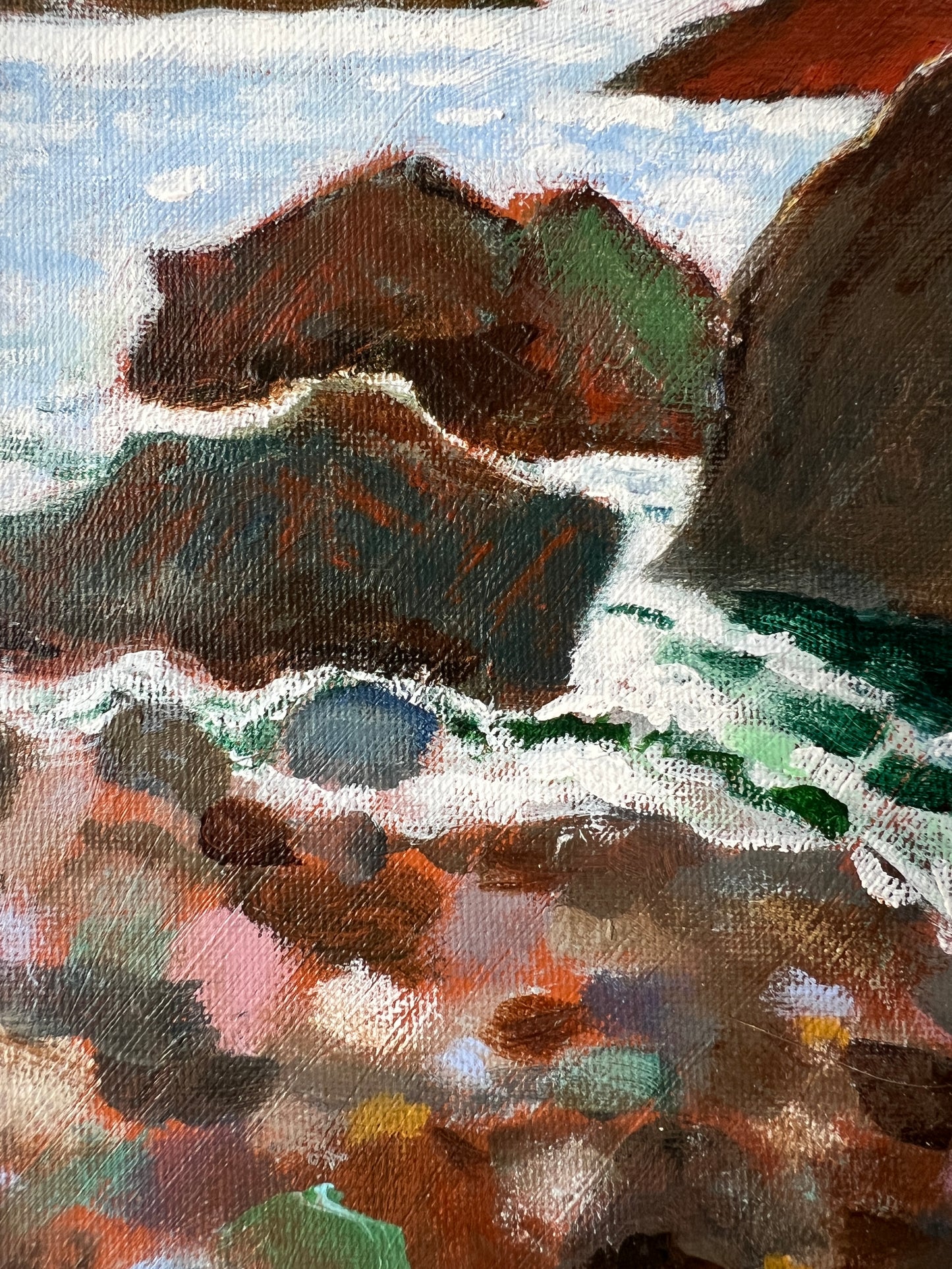 Vintage Rocky Cove Seascape with Sailboat Painting in Gold Frame