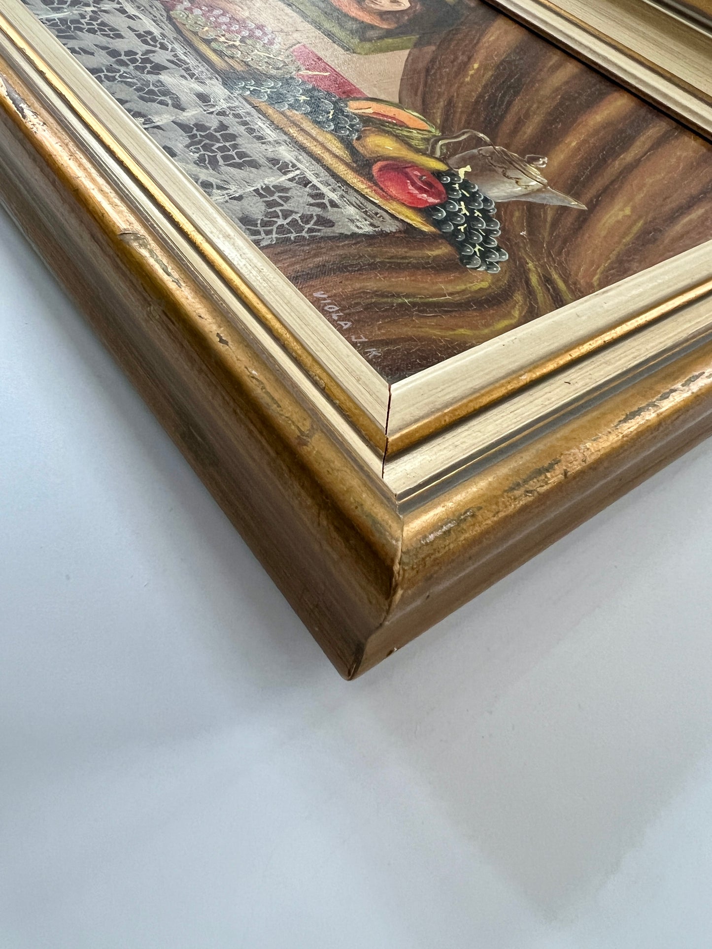 Vintage Interior Still Life with Melons, Grapes and Female Portrait Oil Painting in Gold Frame